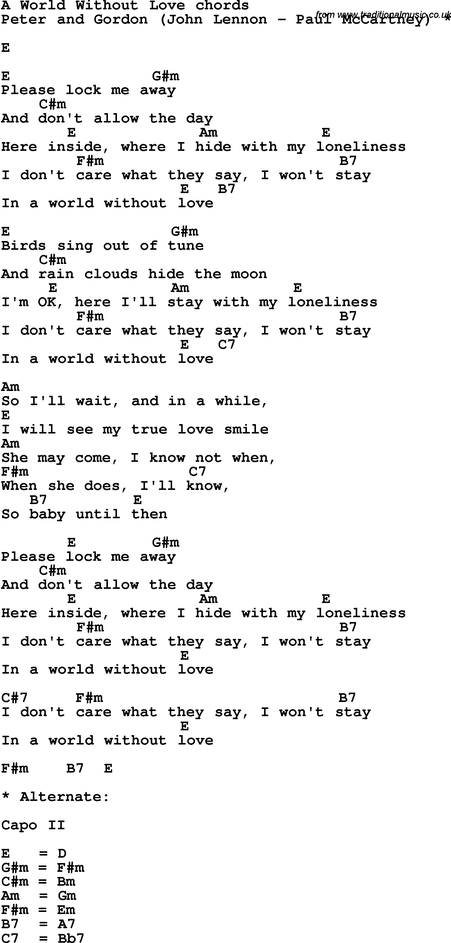 Song Lyrics with guitar chords for World Without Love
