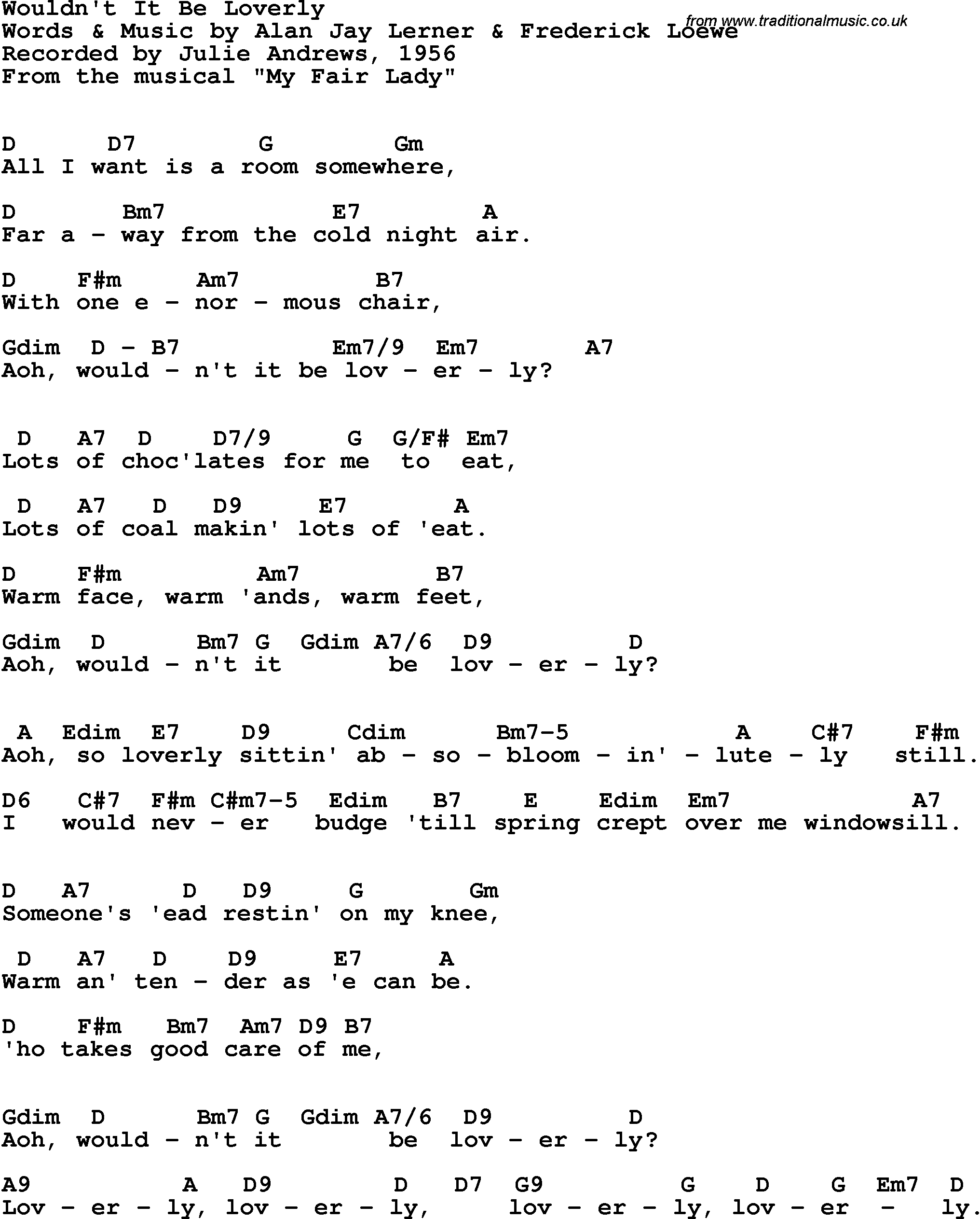 Song Lyrics with guitar chords for Wouldn't It Be Loverly - Julie Andrews, 1956