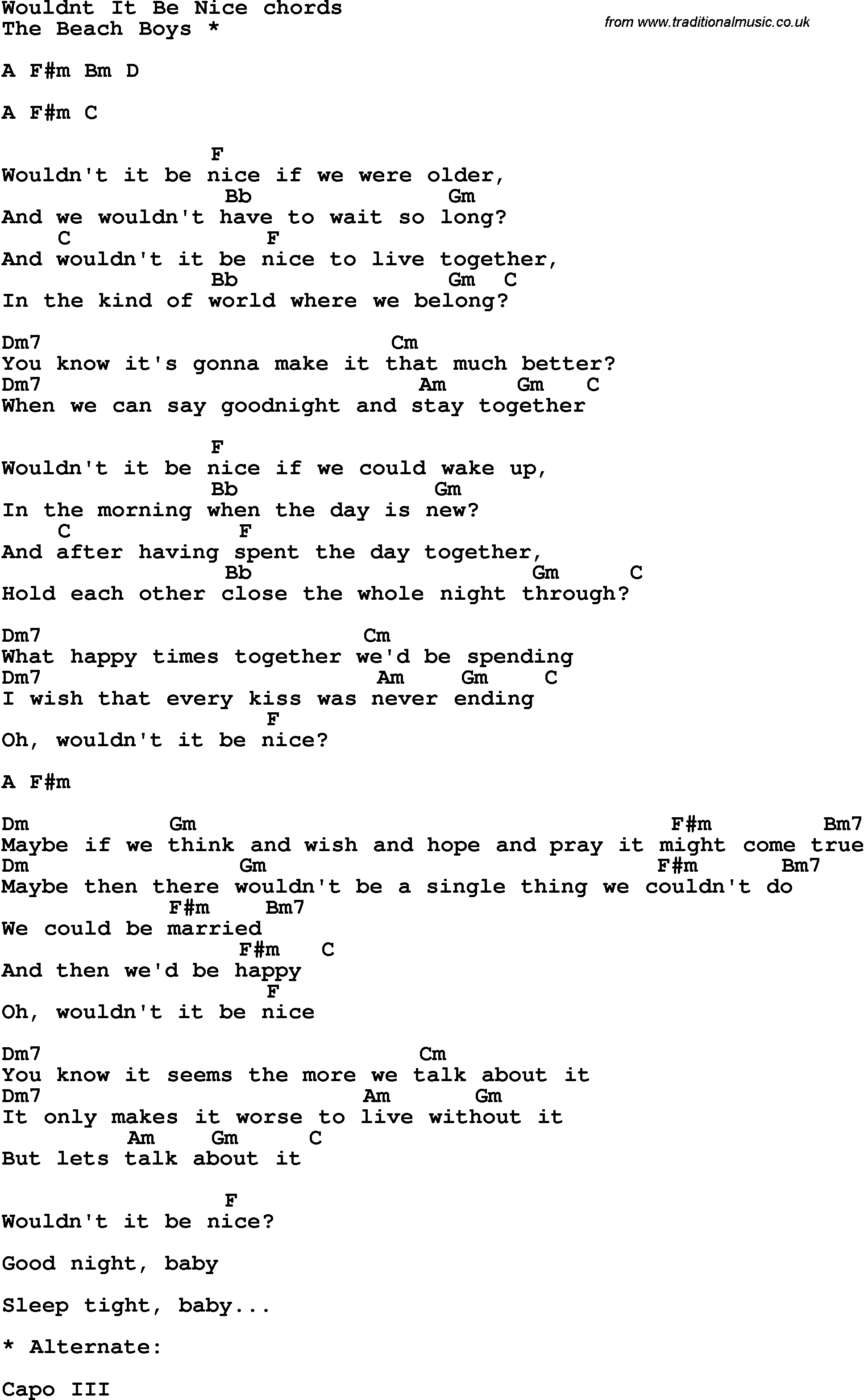 Song Lyrics with guitar chords for Wouldn't It Be Nice