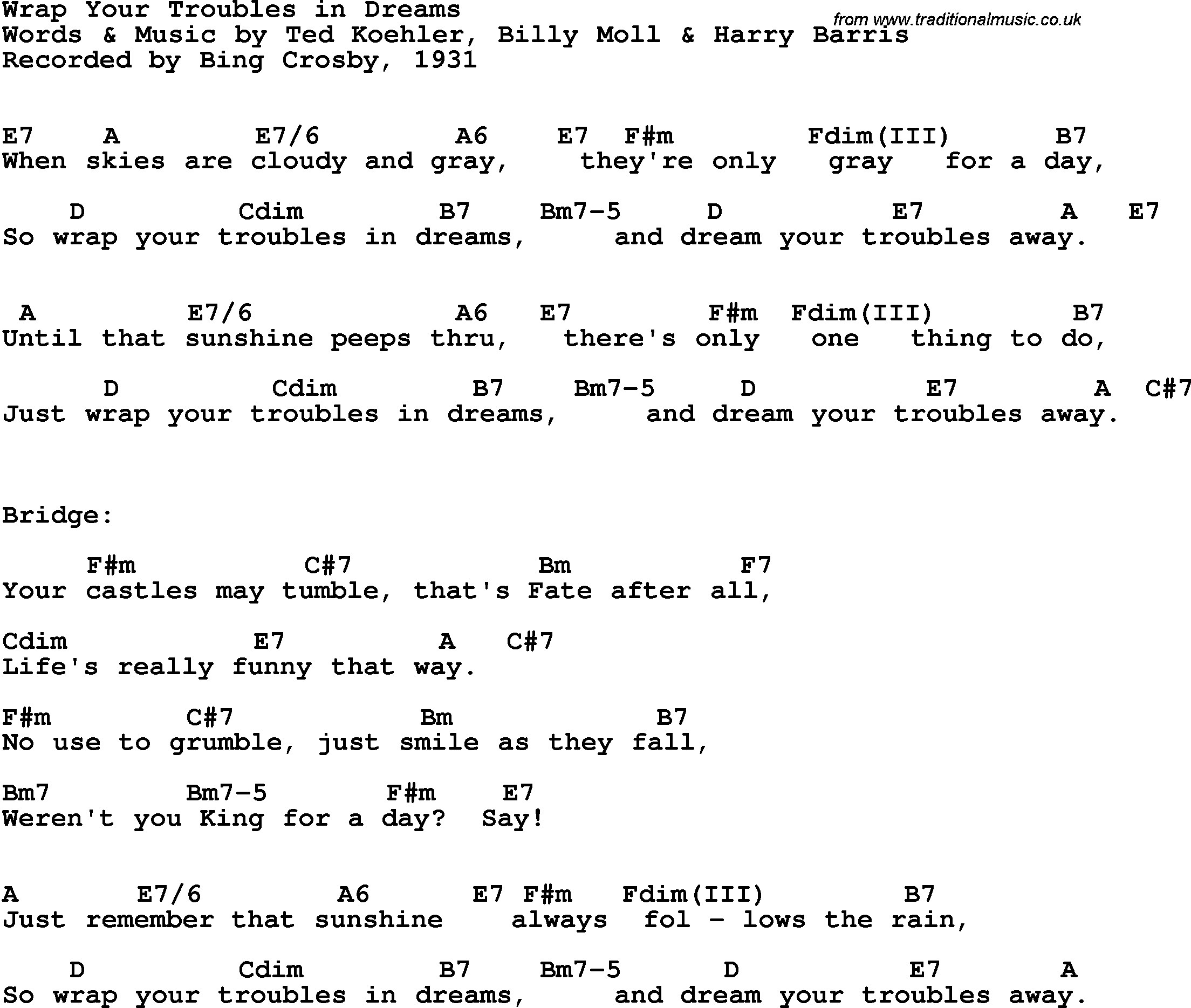 Song Lyrics with guitar chords for Wrap Your Troubles In Dreams - Bing Crosby, 1931
