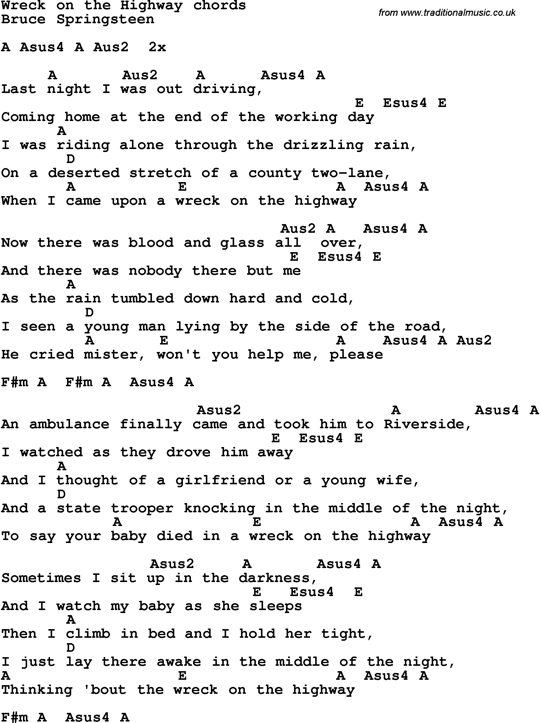 Song Lyrics with guitar chords for Wreckonthe Highway