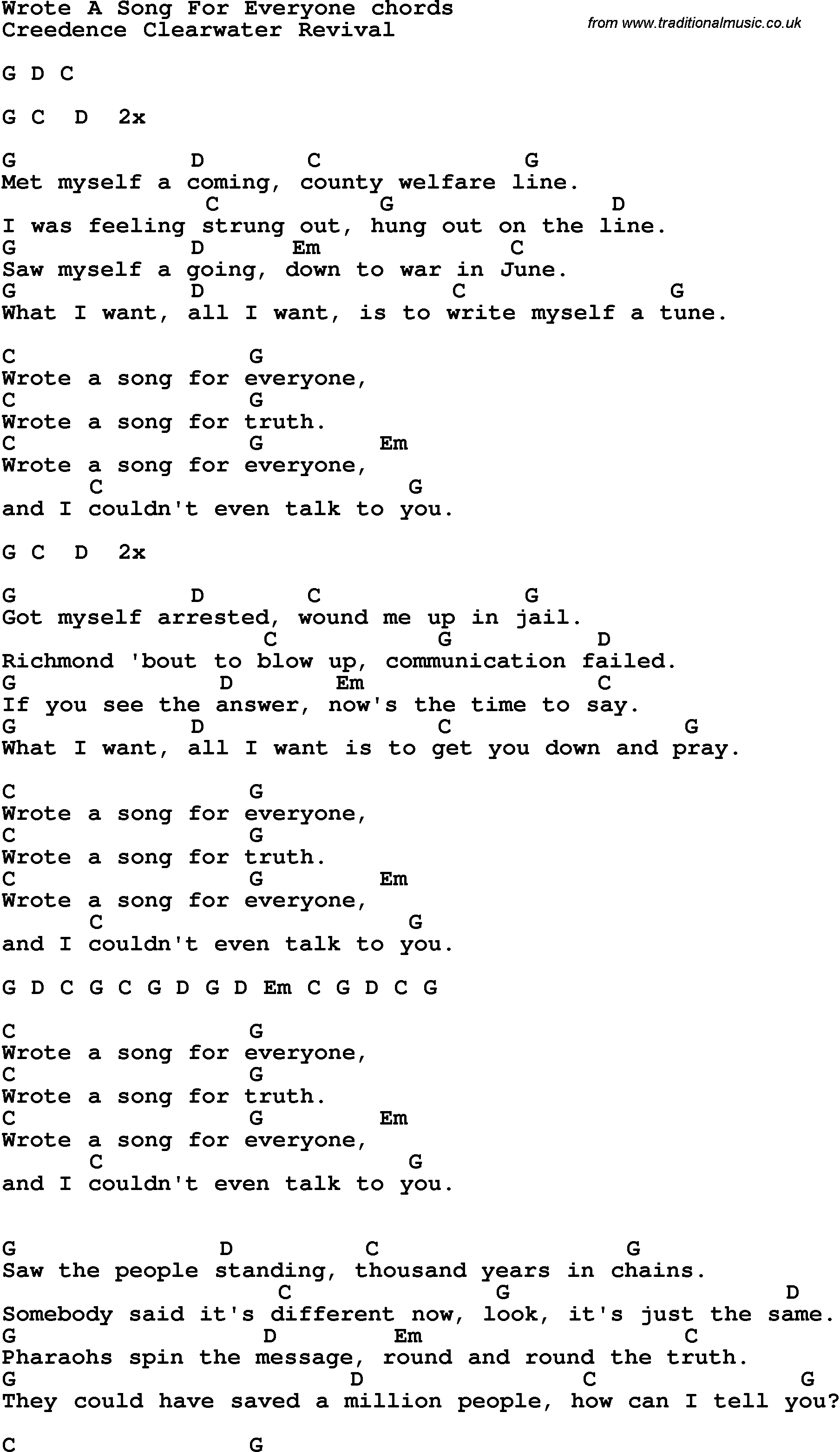 Song Lyrics with guitar chords for Wrote A Song For Everyone