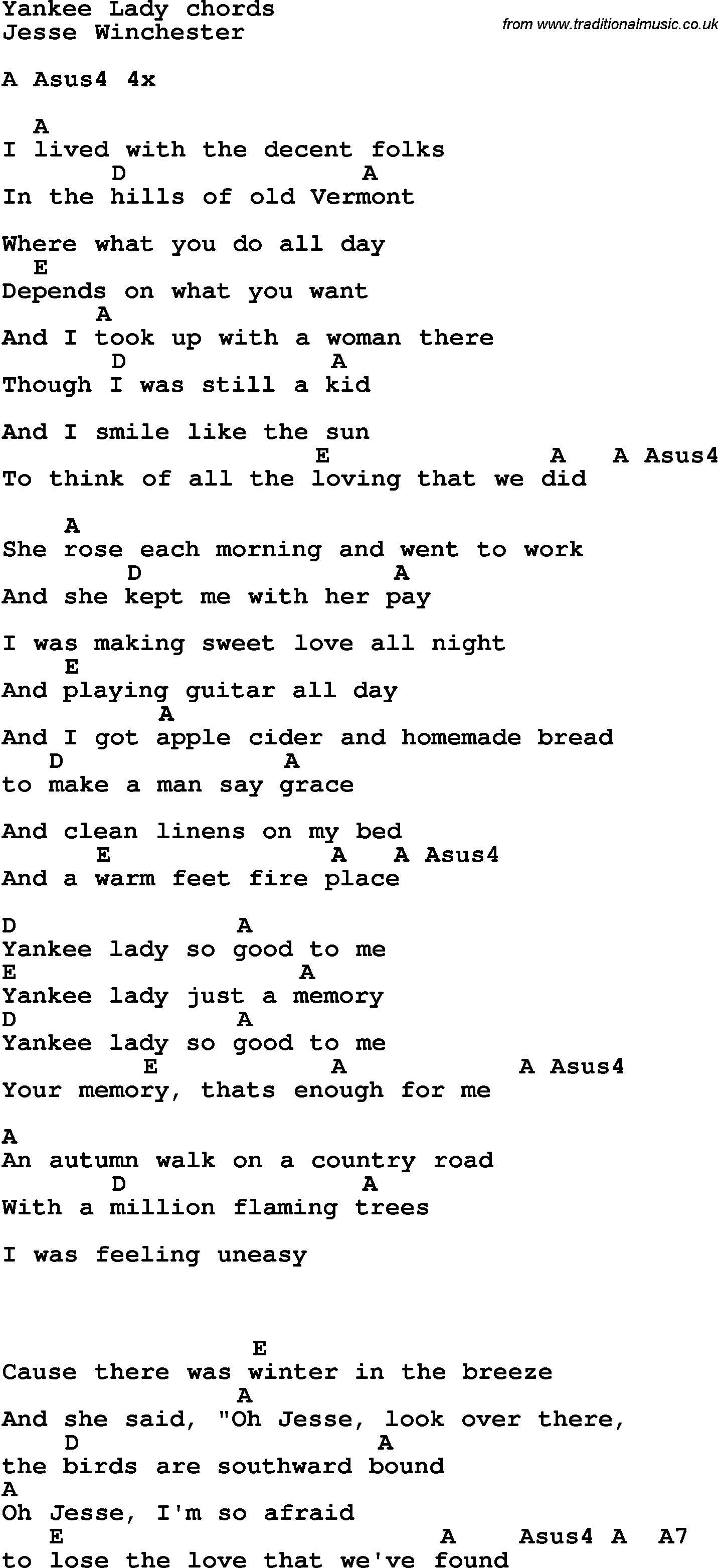 Song Lyrics with guitar chords for Yankee Lady
