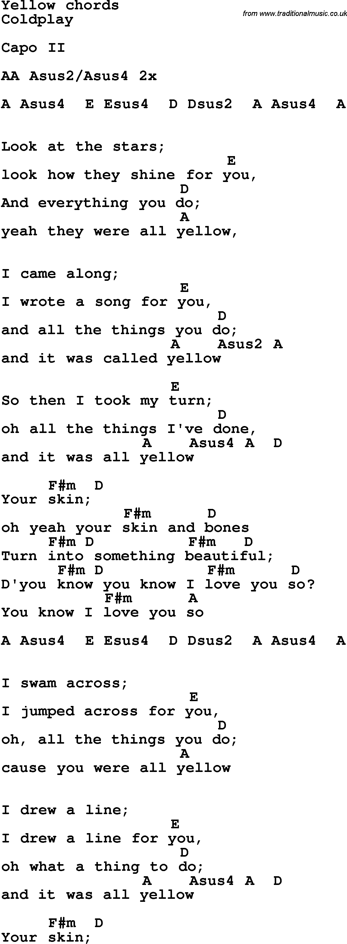 Song Lyrics with guitar chords for Yellow