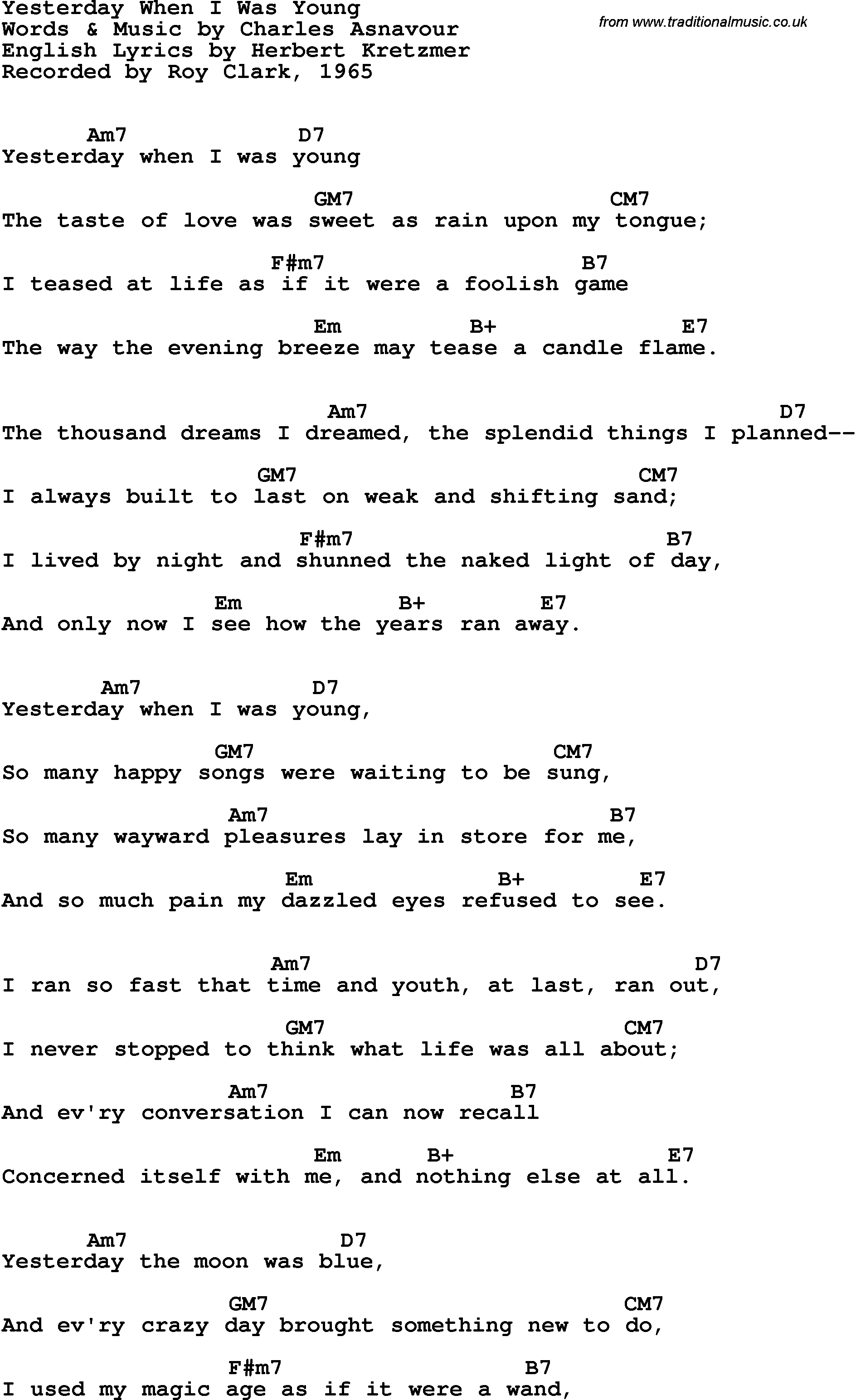 Song Lyrics with guitar chords for Yesterday When I Was Young - Roy Clark, 1966