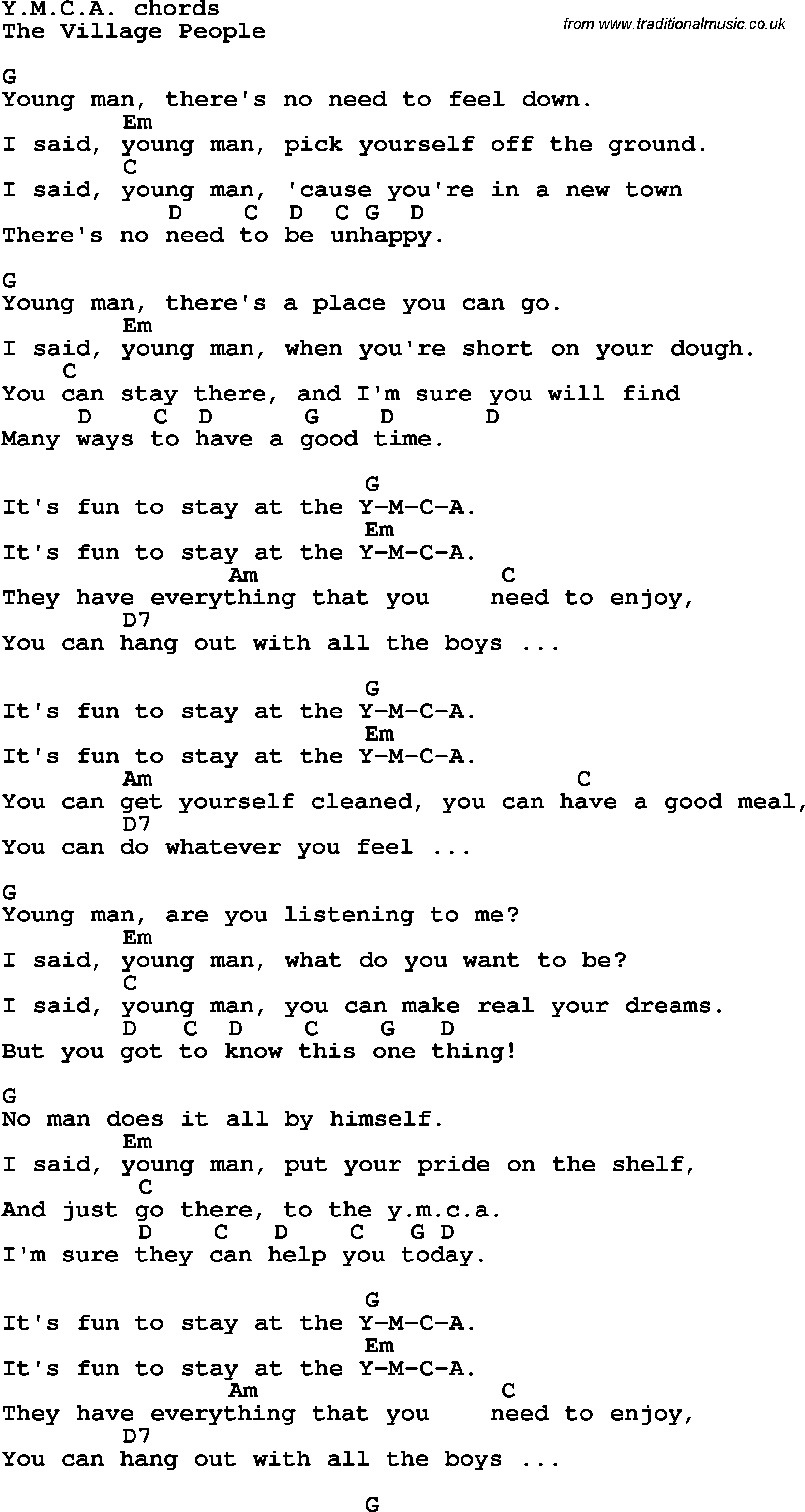 Song Lyrics with guitar chords for Ymca - The Village People