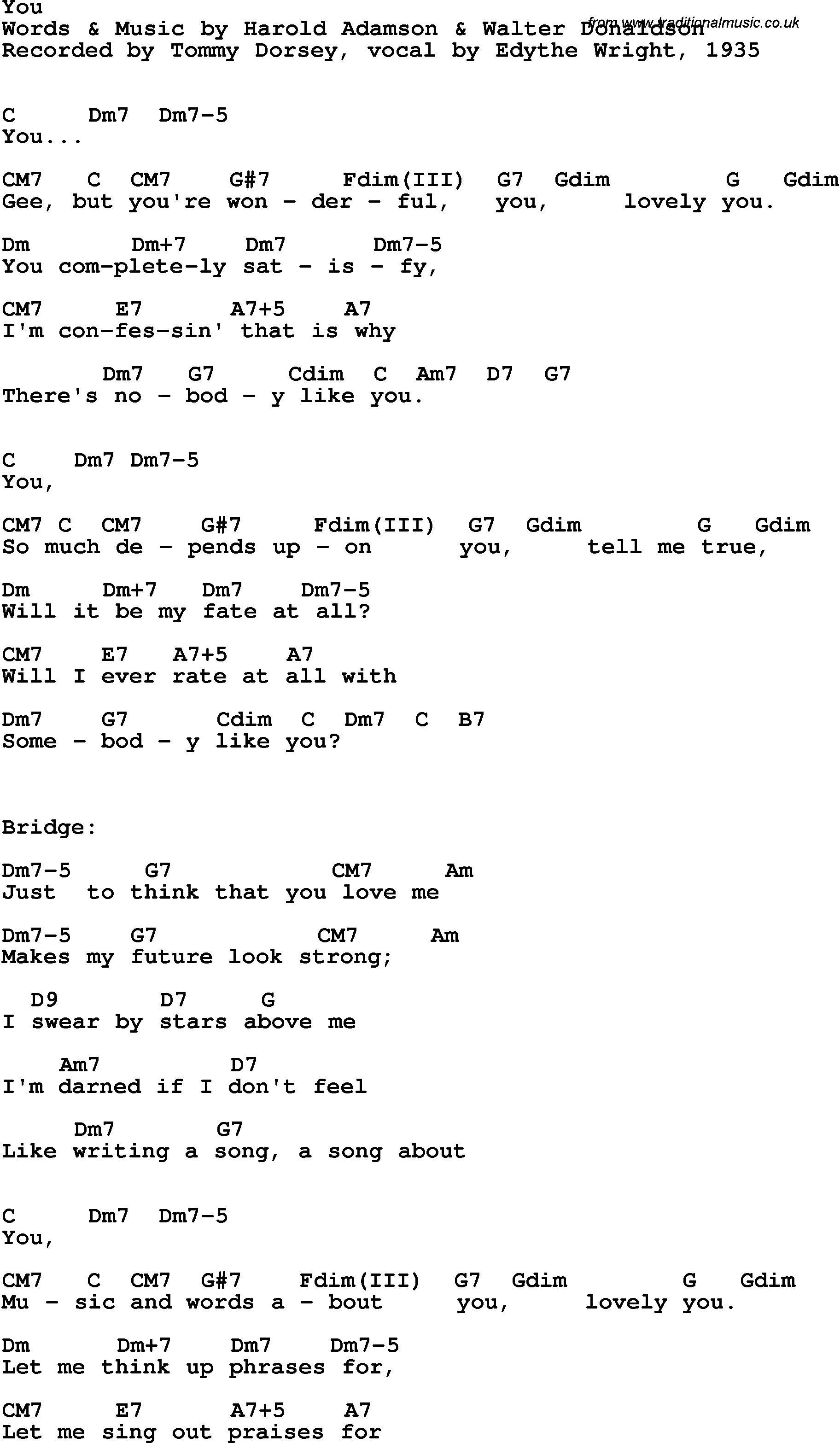 Song Lyrics with guitar chords for You - Tommy Dorsey, 1935