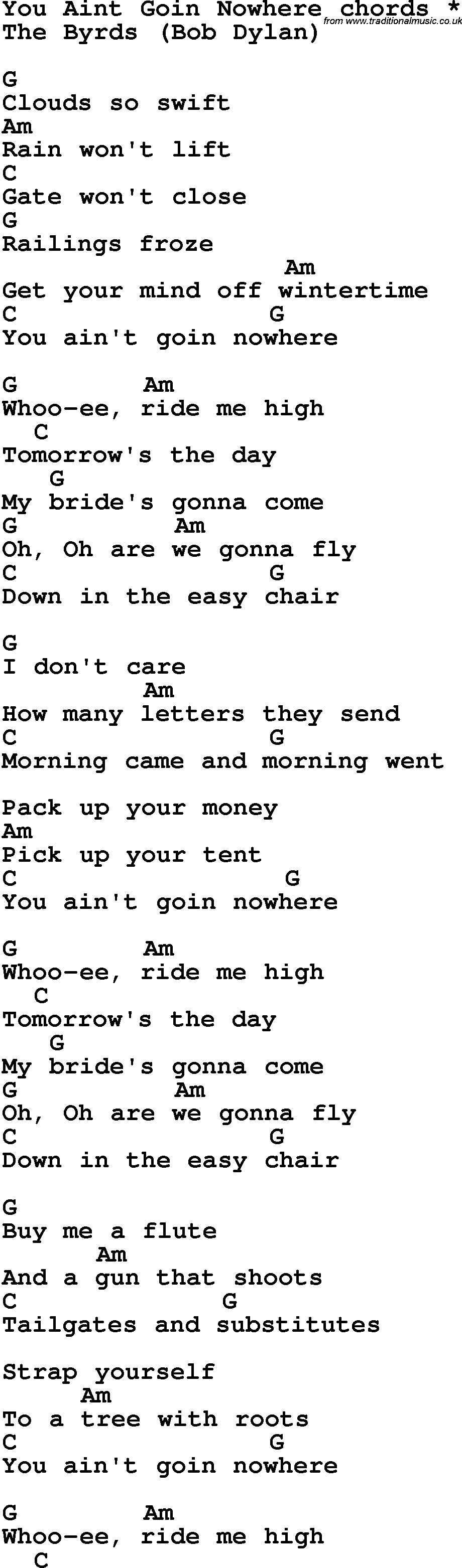 Song Lyrics with guitar chords for You Ain't Goin'nowhere