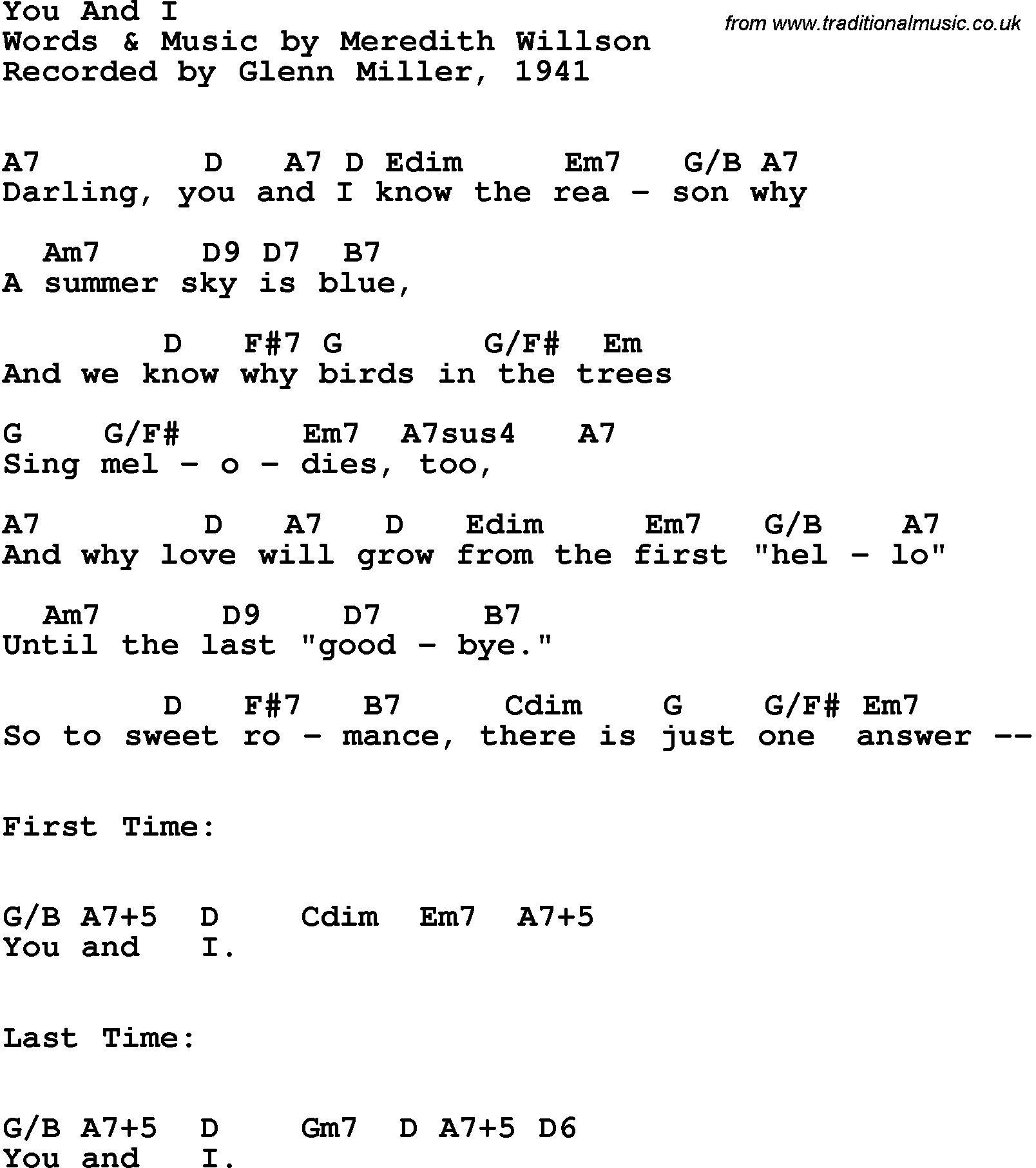 Song Lyrics with guitar chords for You And I - Glenn Miller, 1941