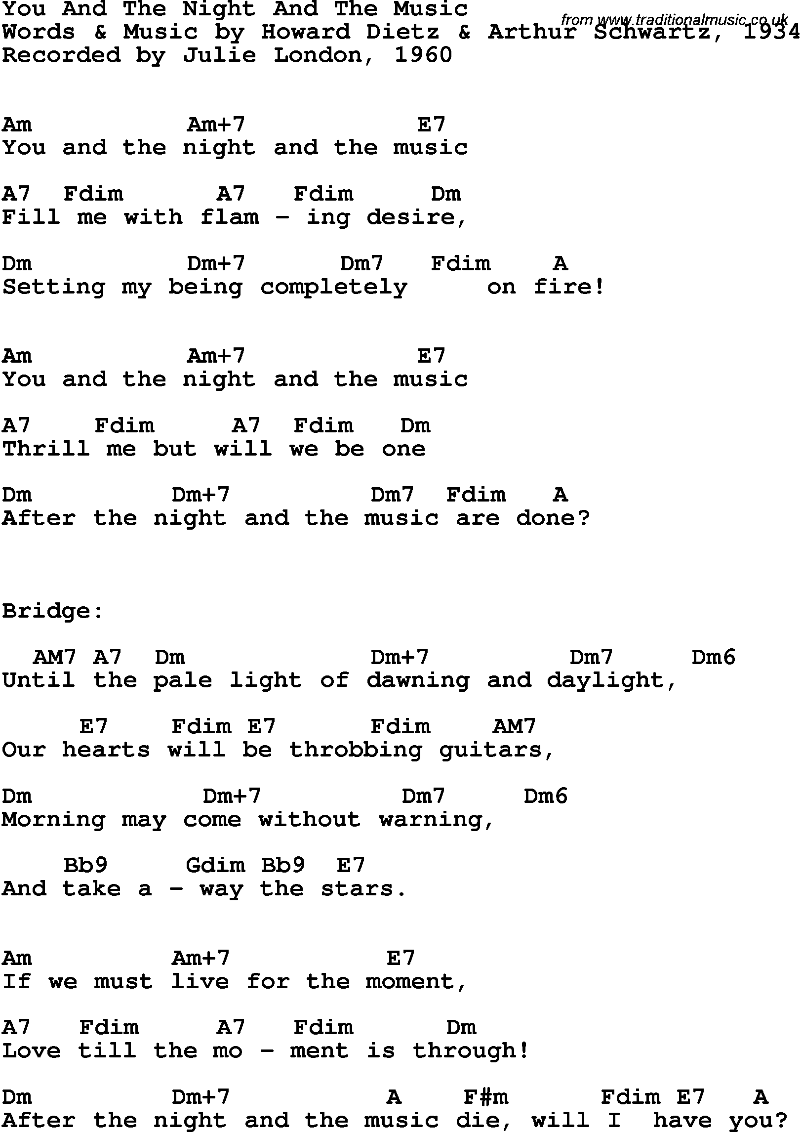 Song Lyrics with guitar chords for You And The Night And The Music - Julie London, 1960