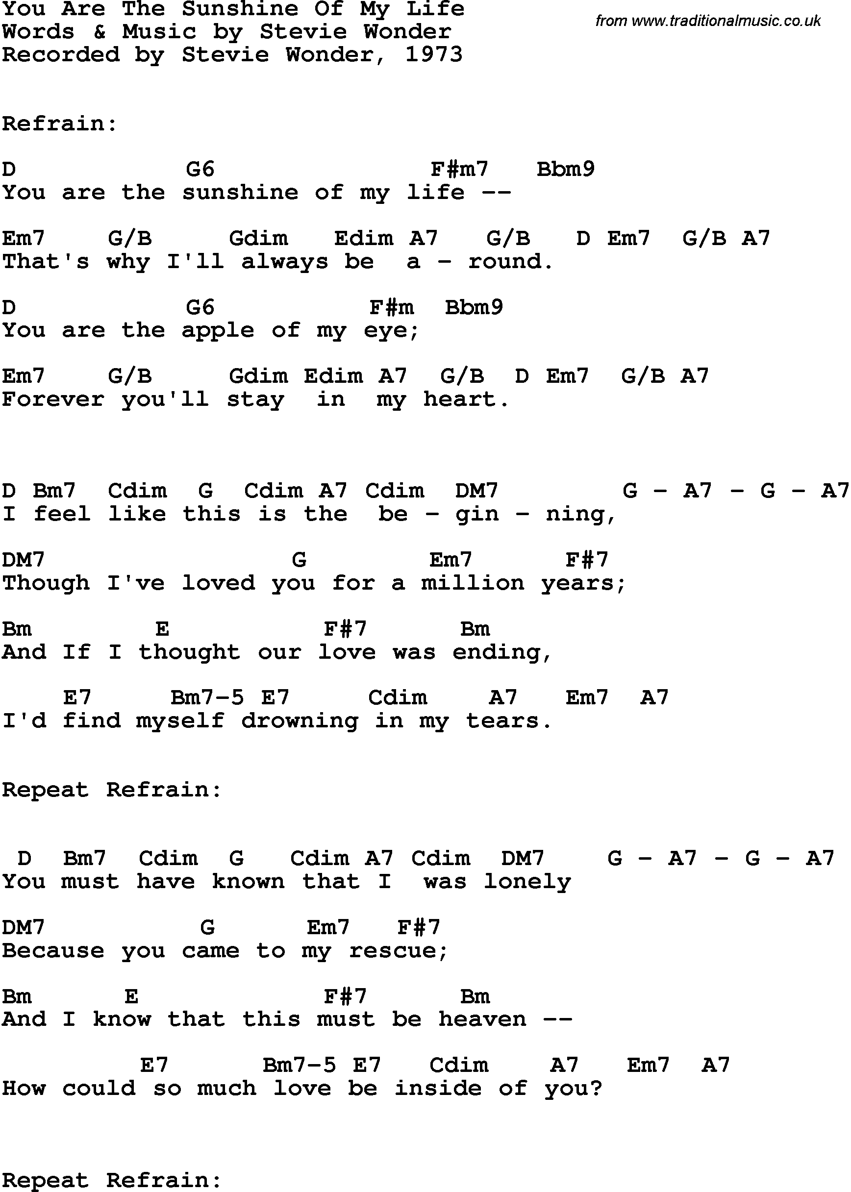 Song Lyrics with guitar chords for You Are The Sunshine Of My Life - Stevie Wonder, 1973