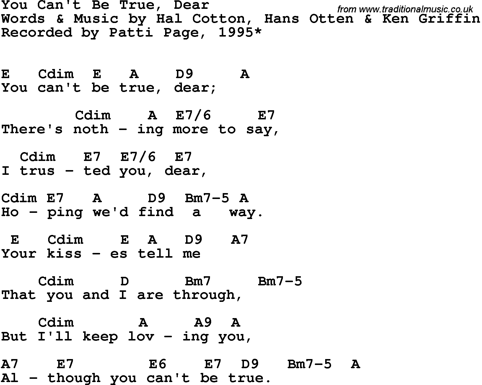 Song Lyrics with guitar chords for You Can't Be True, Dear - Patti Page, 1995
