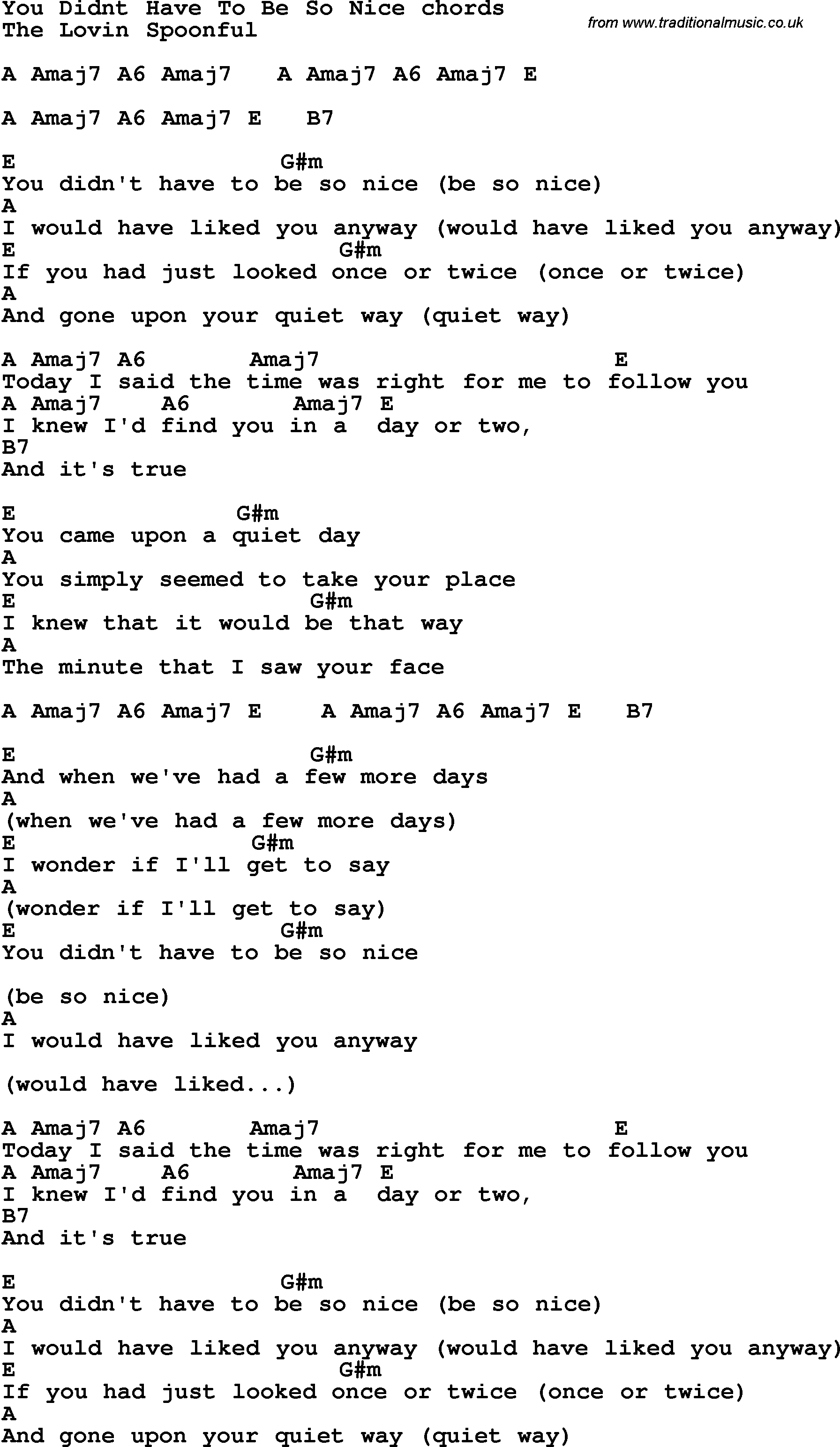 Song Lyrics with guitar chords for You Didn't Have To Be So Nice