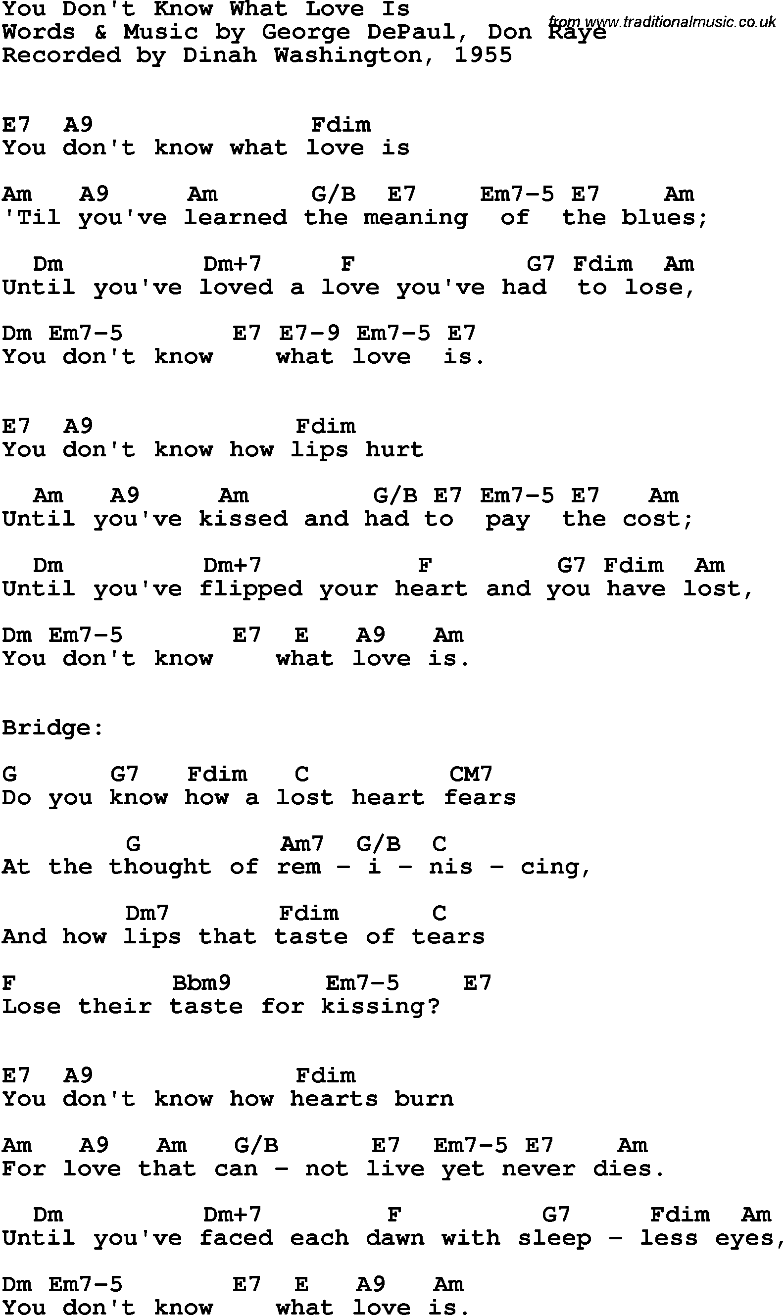 Song Lyrics with guitar chords for You Don't Know What Love Is - Dinah Washington, 1955