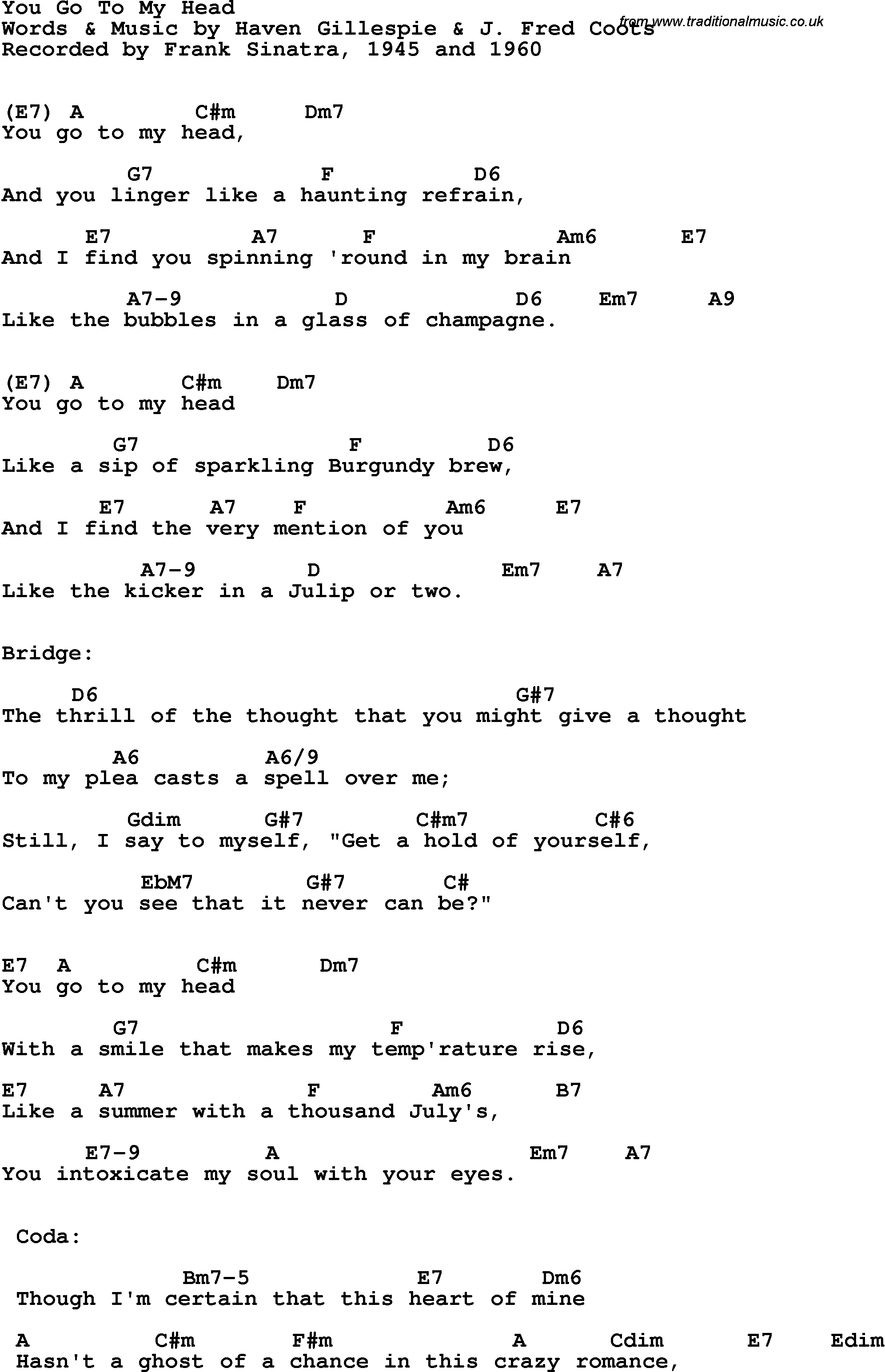 Song Lyrics with guitar chords for You Go To My Head - Frank Sinatra, 1945