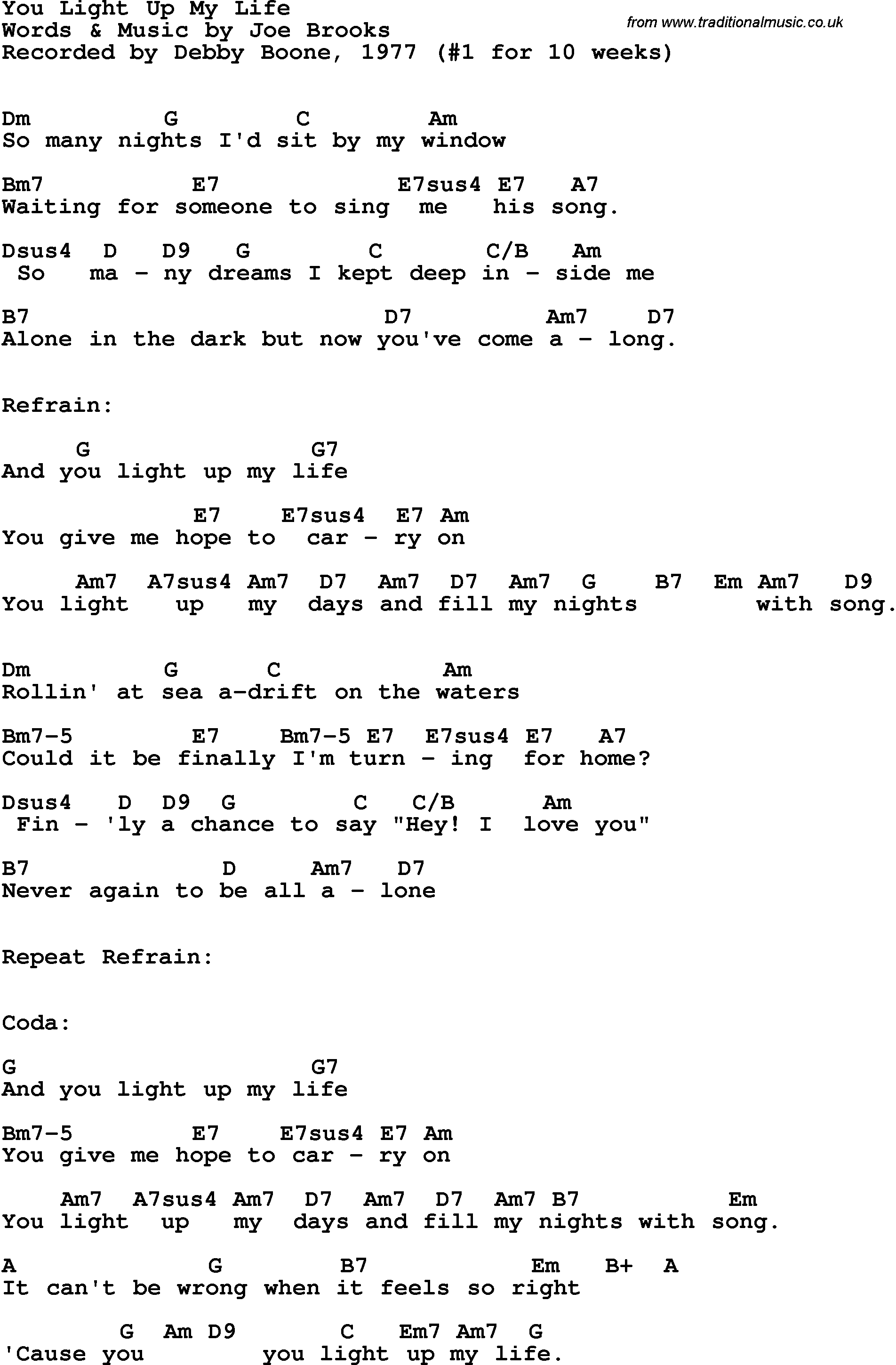 Song Lyrics with guitar chords for You Light Up My Life - Debby Boone, 1977