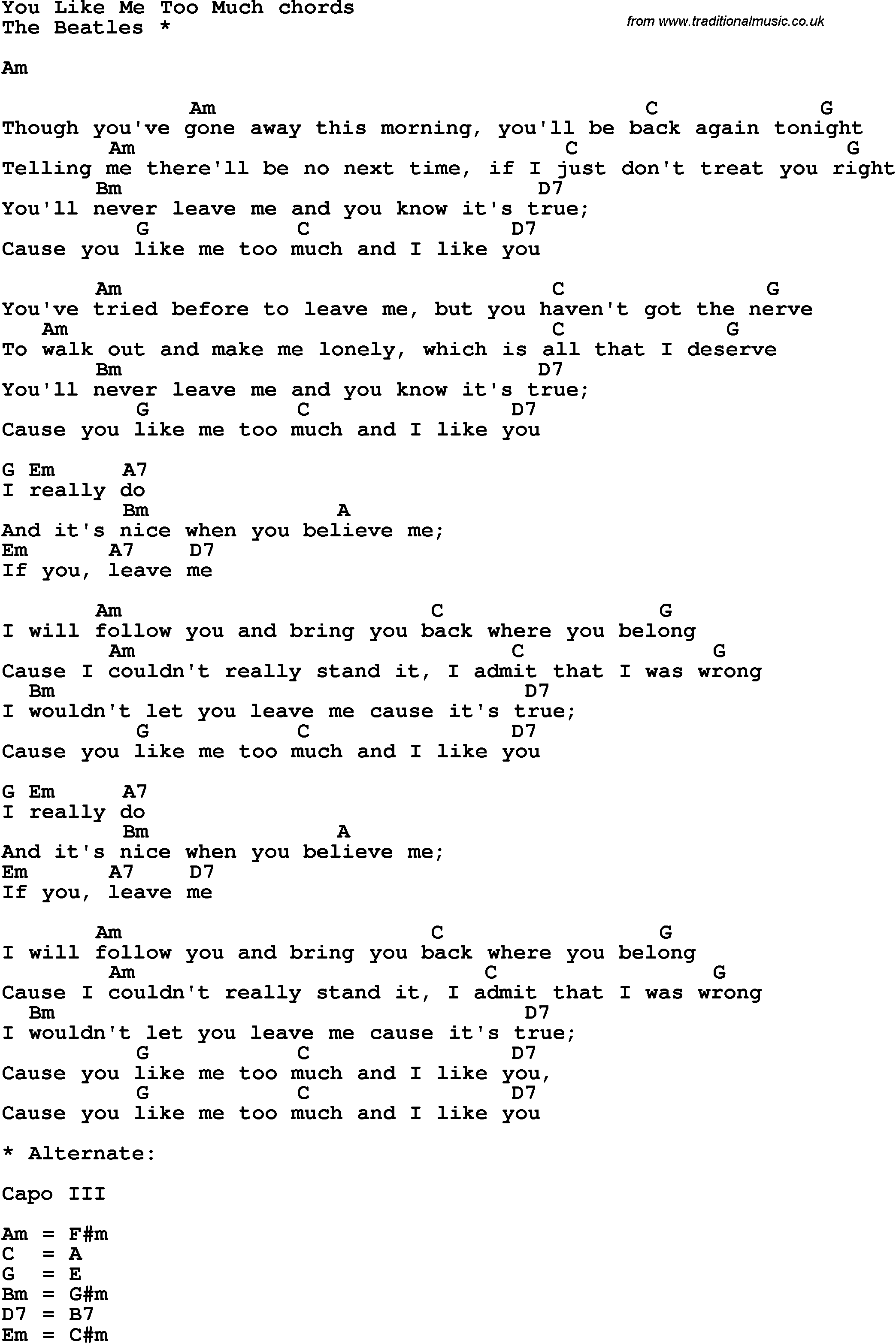 Song Lyrics with guitar chords for You Like Me Too Much