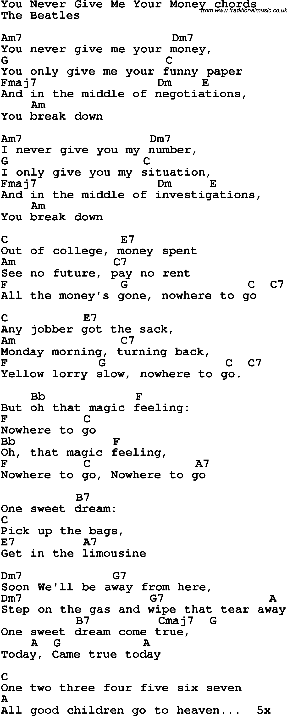 Song Lyrics with guitar chords for You Never Give Me Your Money