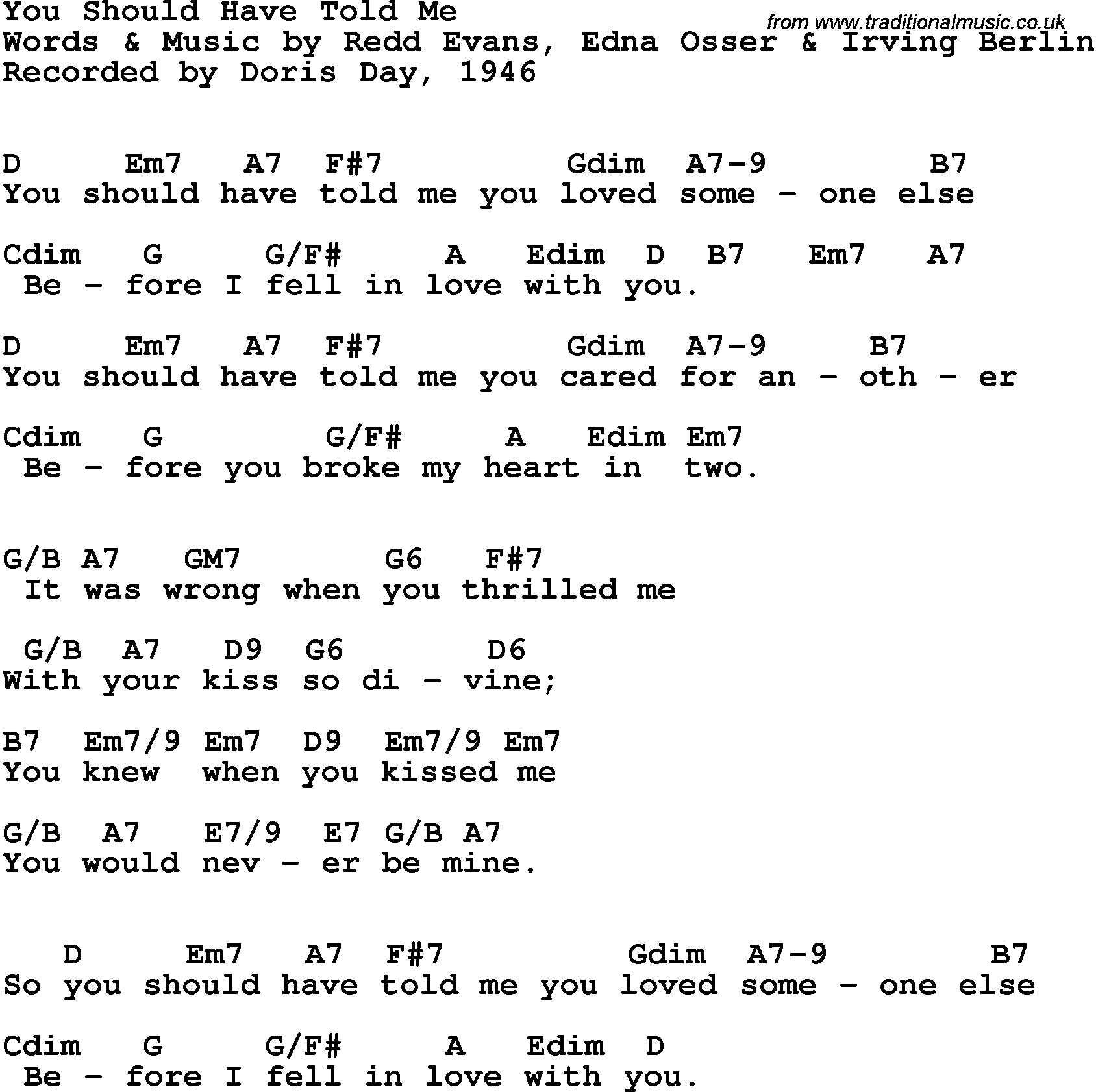Song Lyrics with guitar chords for You Should Have Told Me - Doris Day, 1946