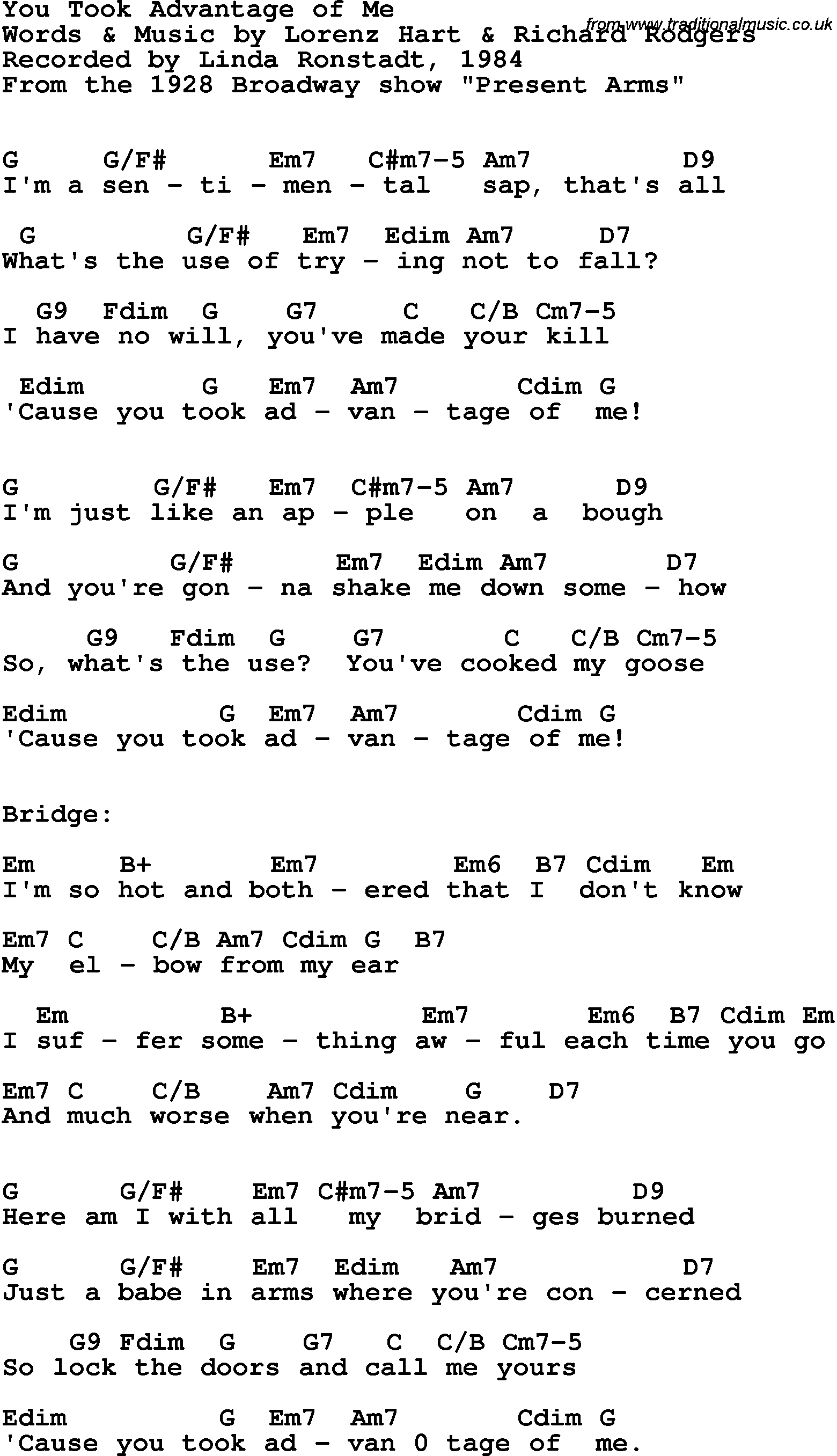 Song Lyrics with guitar chords for You Took Advantage Of Me - Linda Ronstadt, 1985