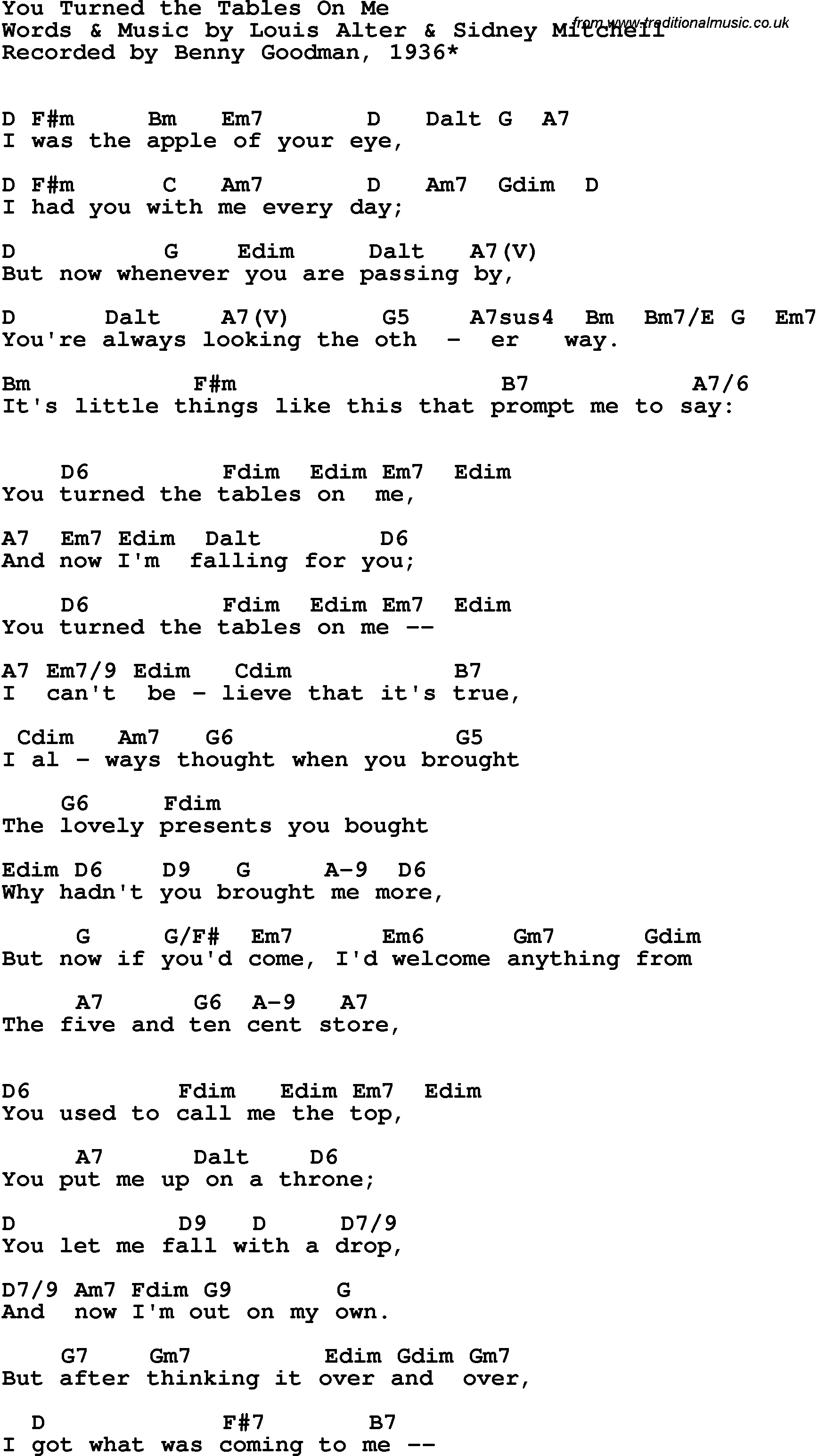 Song Lyrics with guitar chords for You Turned The Tables On Me - Benny Goodman, 1936