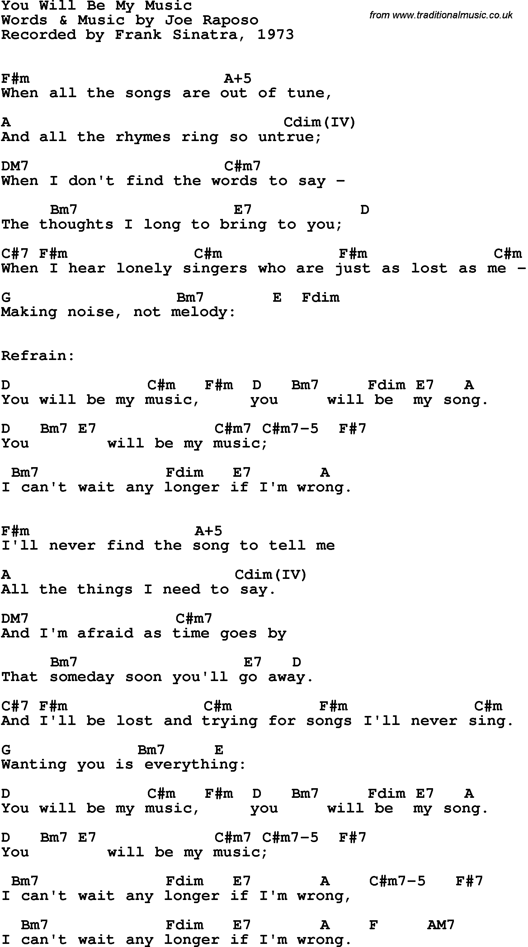 Song Lyrics with guitar chords for You Will Be My Music - Frank Sinatra, 1973