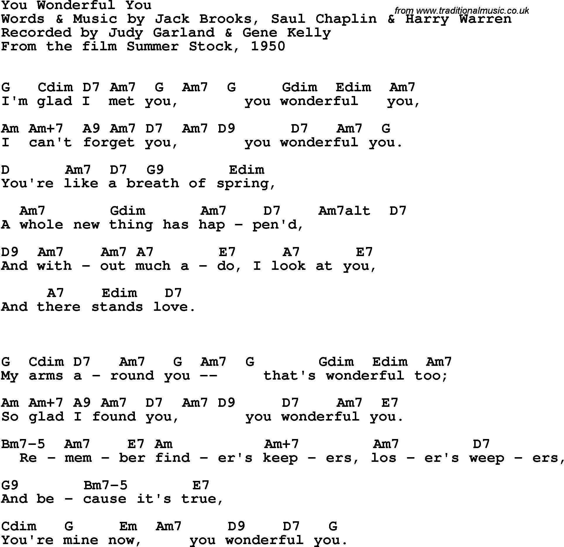 Song Lyrics with guitar chords for You Wonderful You - Judy Garland & Gene Kelly, 1950