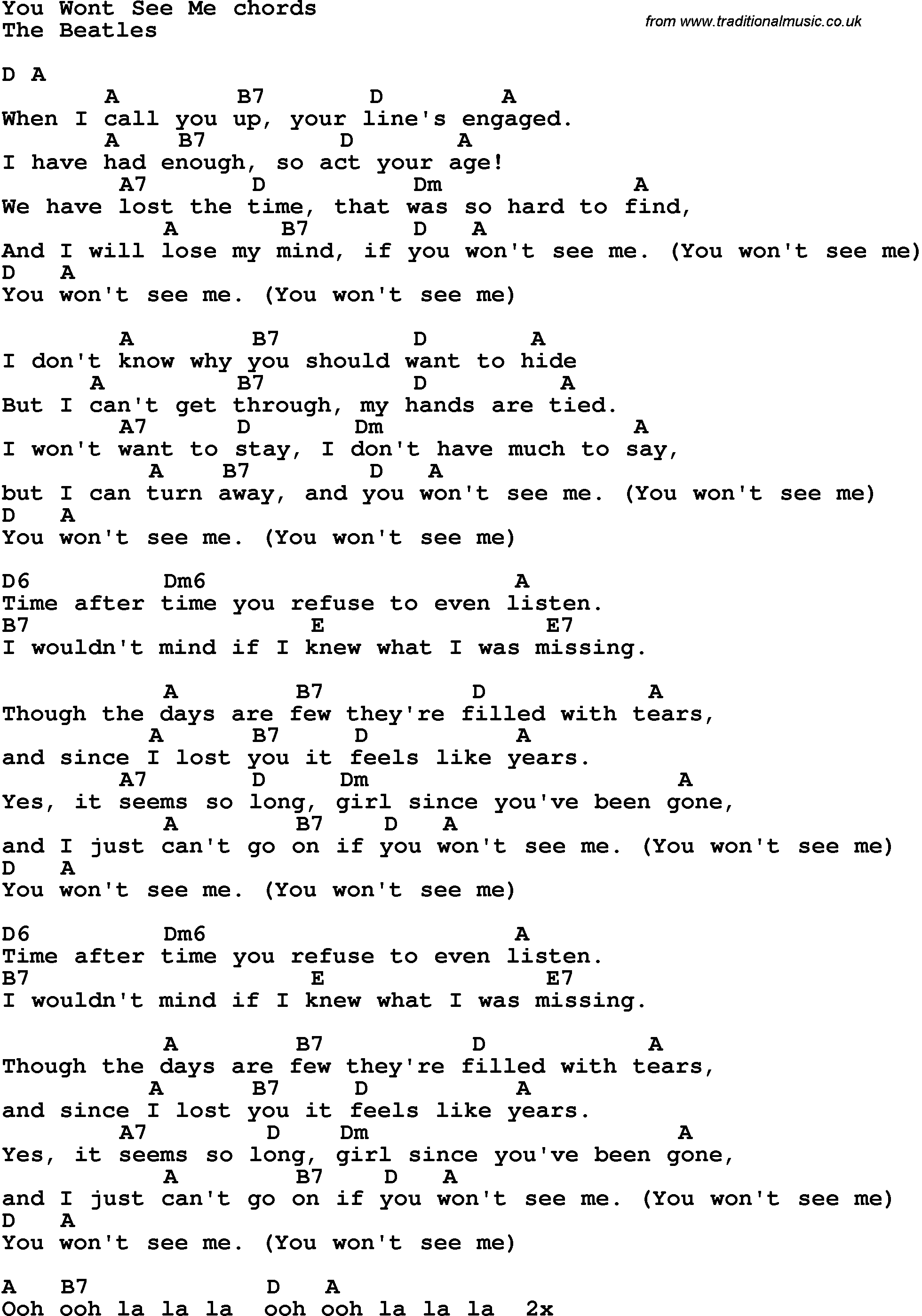Song Lyrics with guitar chords for You Won't See Me