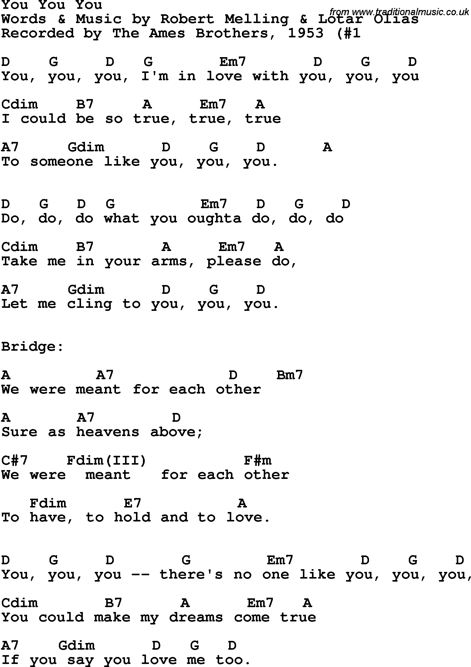 Song Lyrics with guitar chords for You, You, You - Ames Brothers, 1953