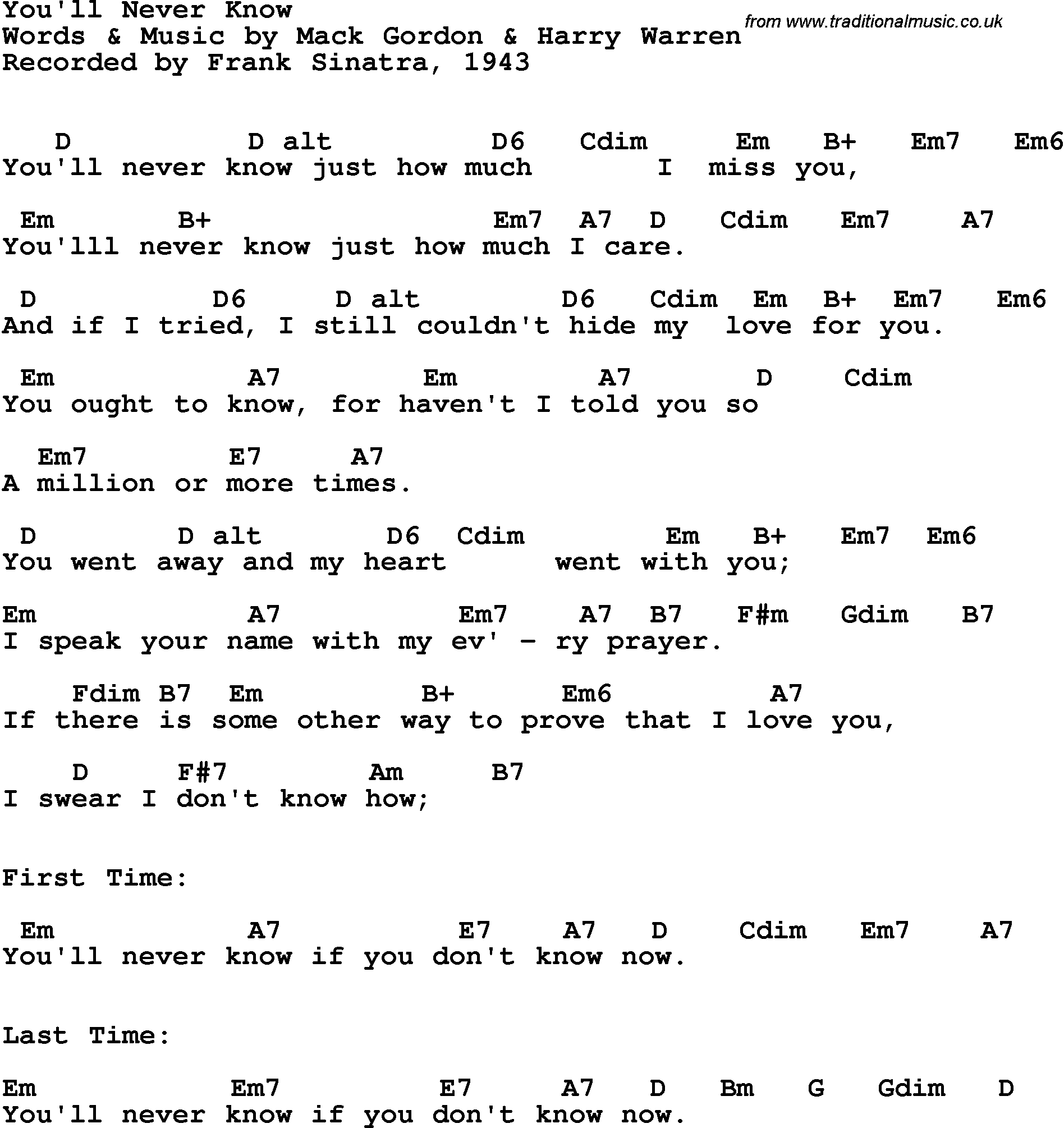 Song Lyrics with guitar chords for You'll Never Know - Frank Sinatra, 1943
