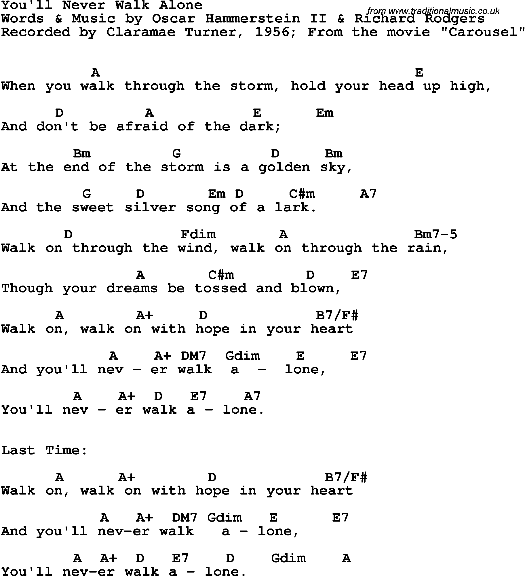 Song Lyrics with guitar chords for You'll Never Walk Alone - Claramae Turner, 1956