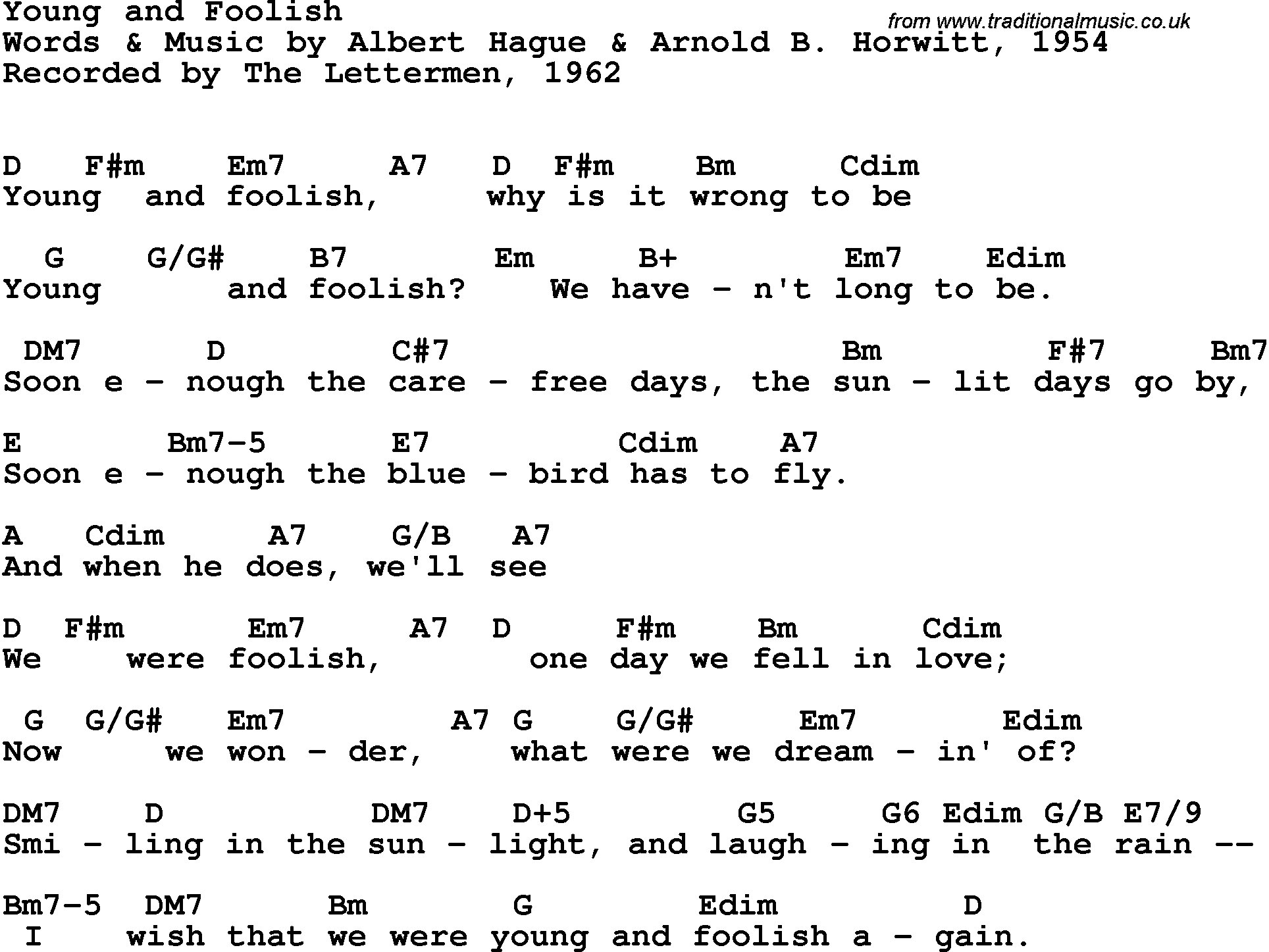 Song Lyrics with guitar chords for Young And Foolish - The Lettermen, 1962