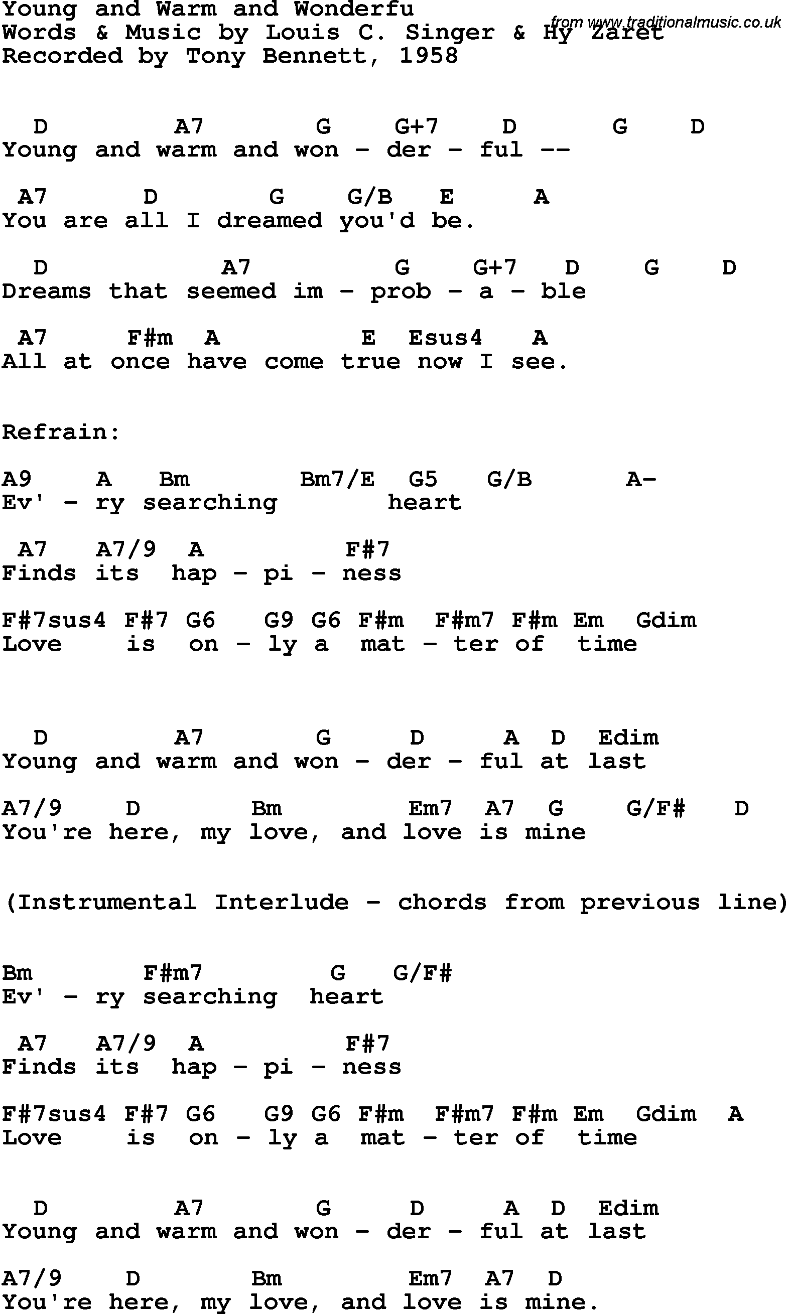 Song Lyrics with guitar chords for Young And Warm And Wonderful - Tony Bennett, 1958