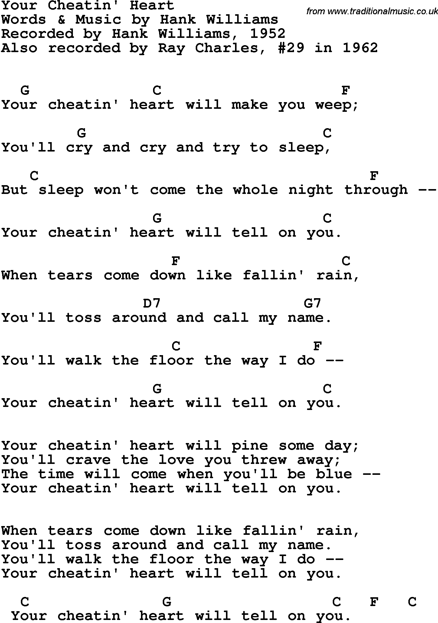 Song Lyrics with guitar chords for Your Cheatin' Heart - Ray Charles, 1962