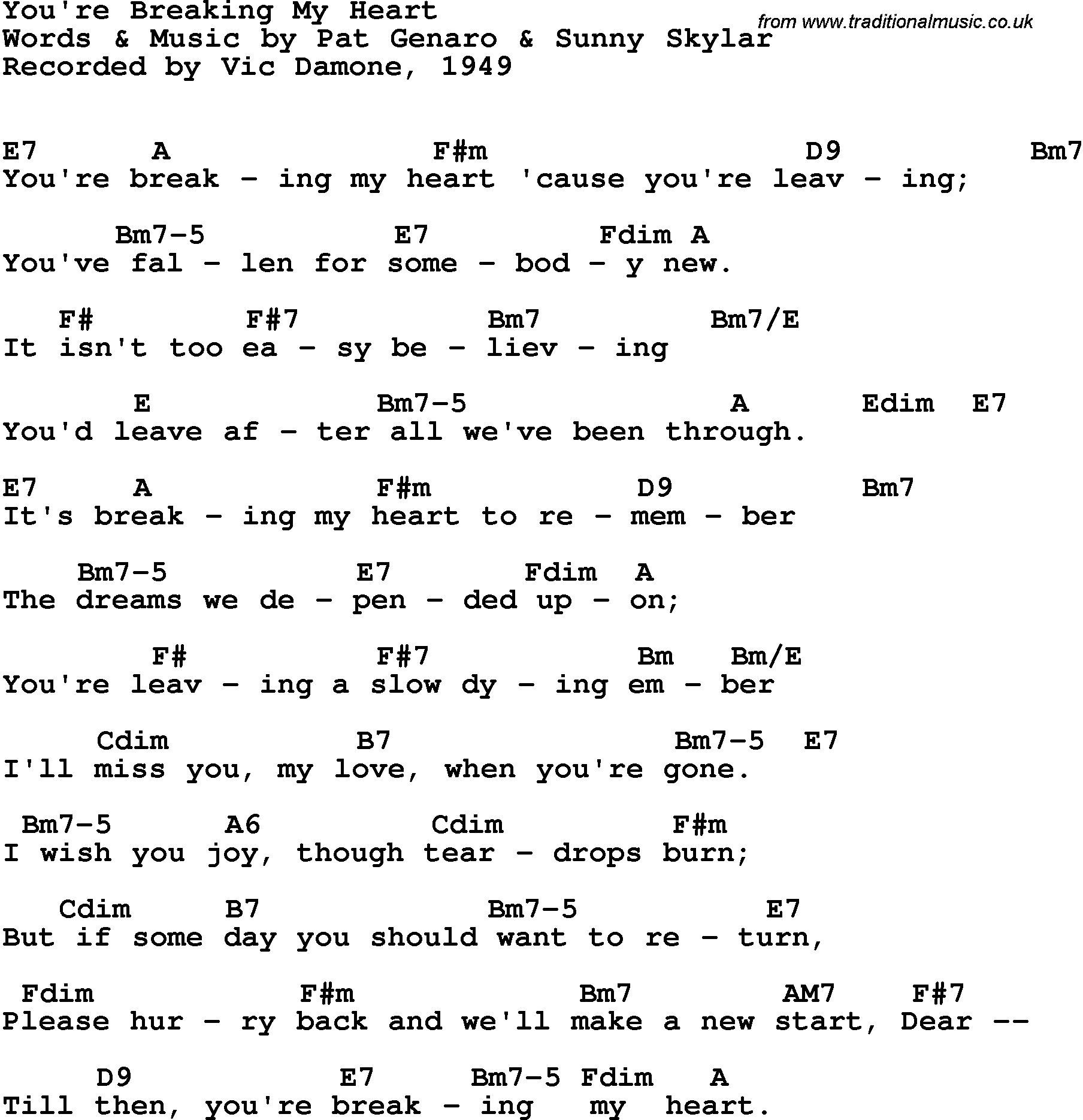 Song Lyrics with guitar chords for You're Breaking My Heart - Vic Damone, 1949