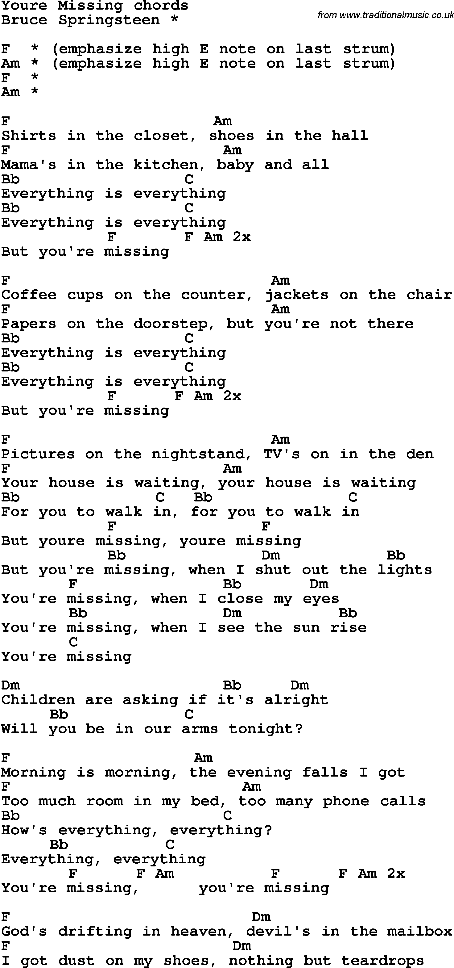 Song Lyrics with guitar chords for You're Missing