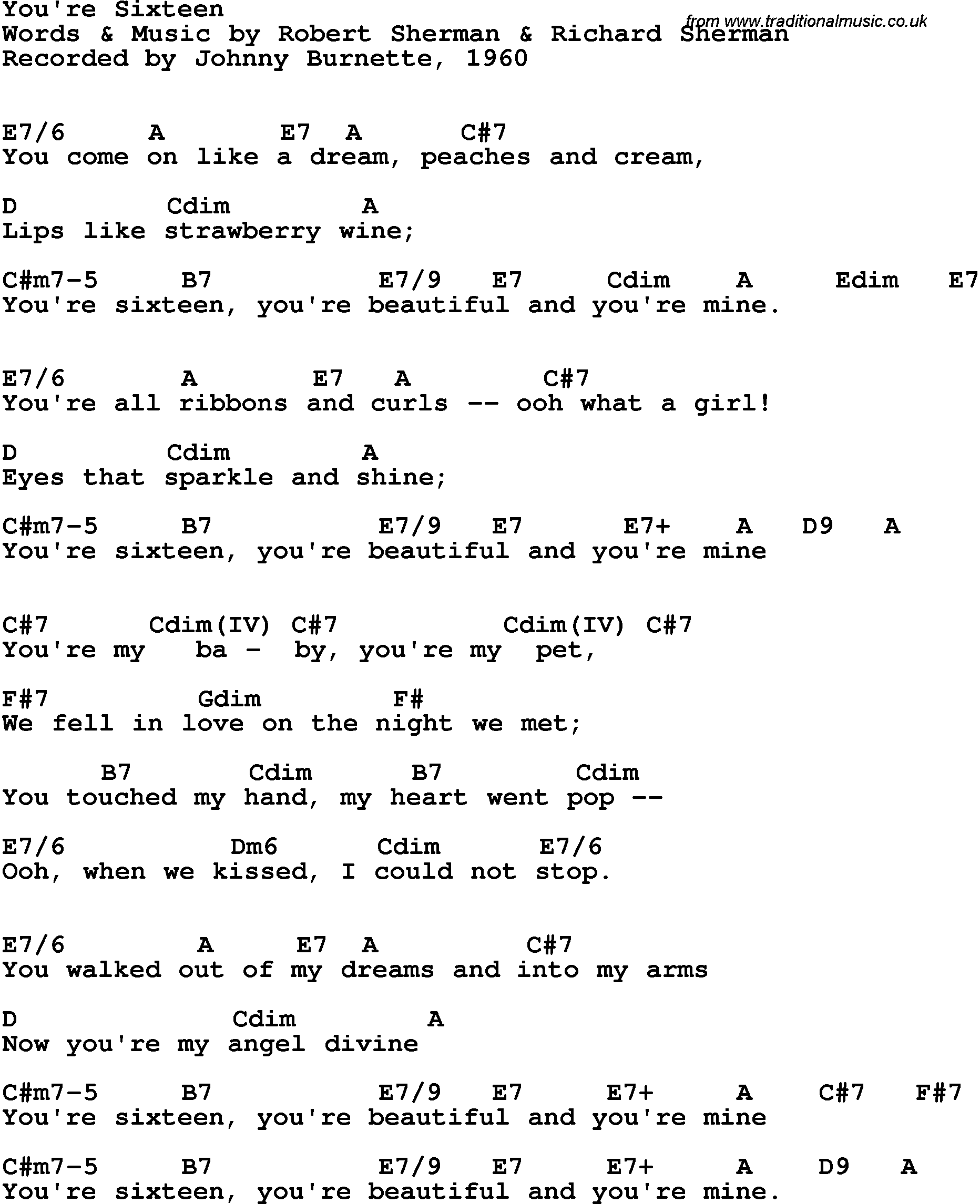 Song Lyrics with guitar chords for You're Sixteen - Johnny Burnette, 1960