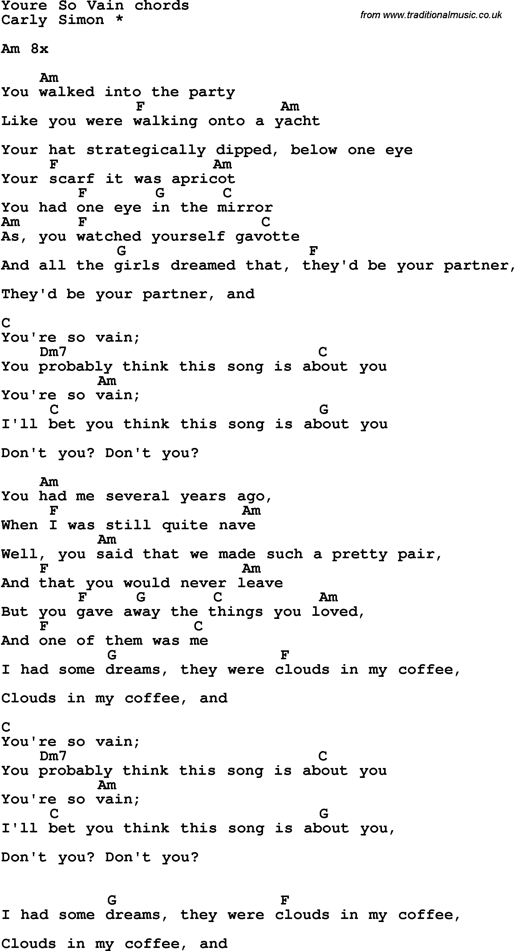 Song Lyrics with guitar chords for You're So Vain