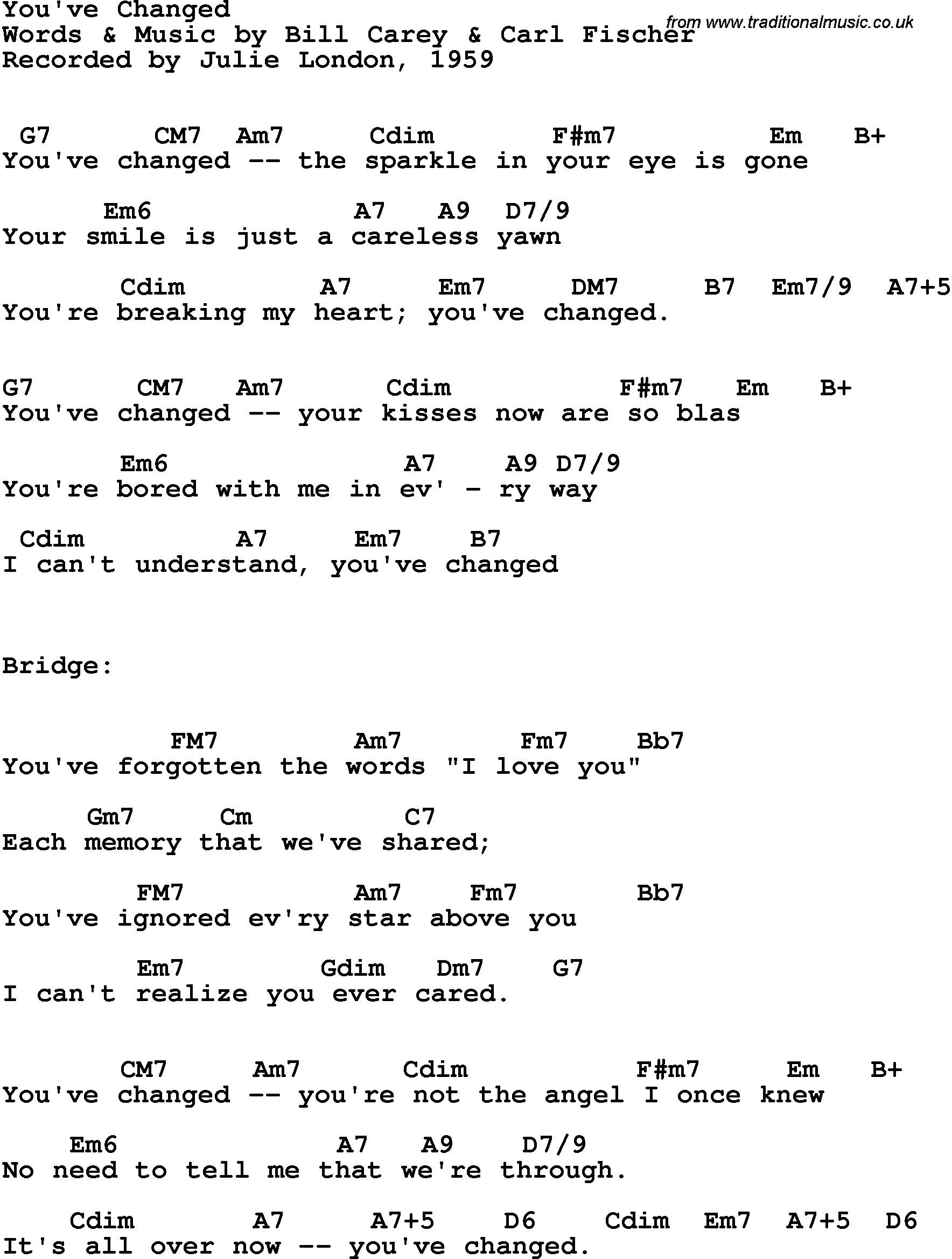 Song Lyrics with guitar chords for You've Changed - Julie London, 1959