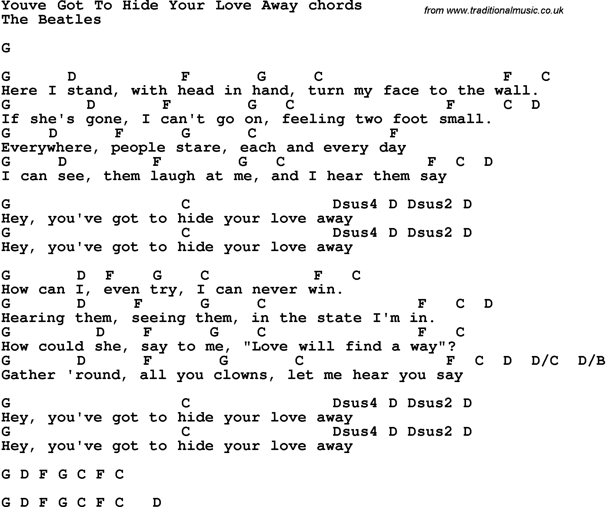 Song Lyrics with guitar chords for You've Got To Hide Your Love Away