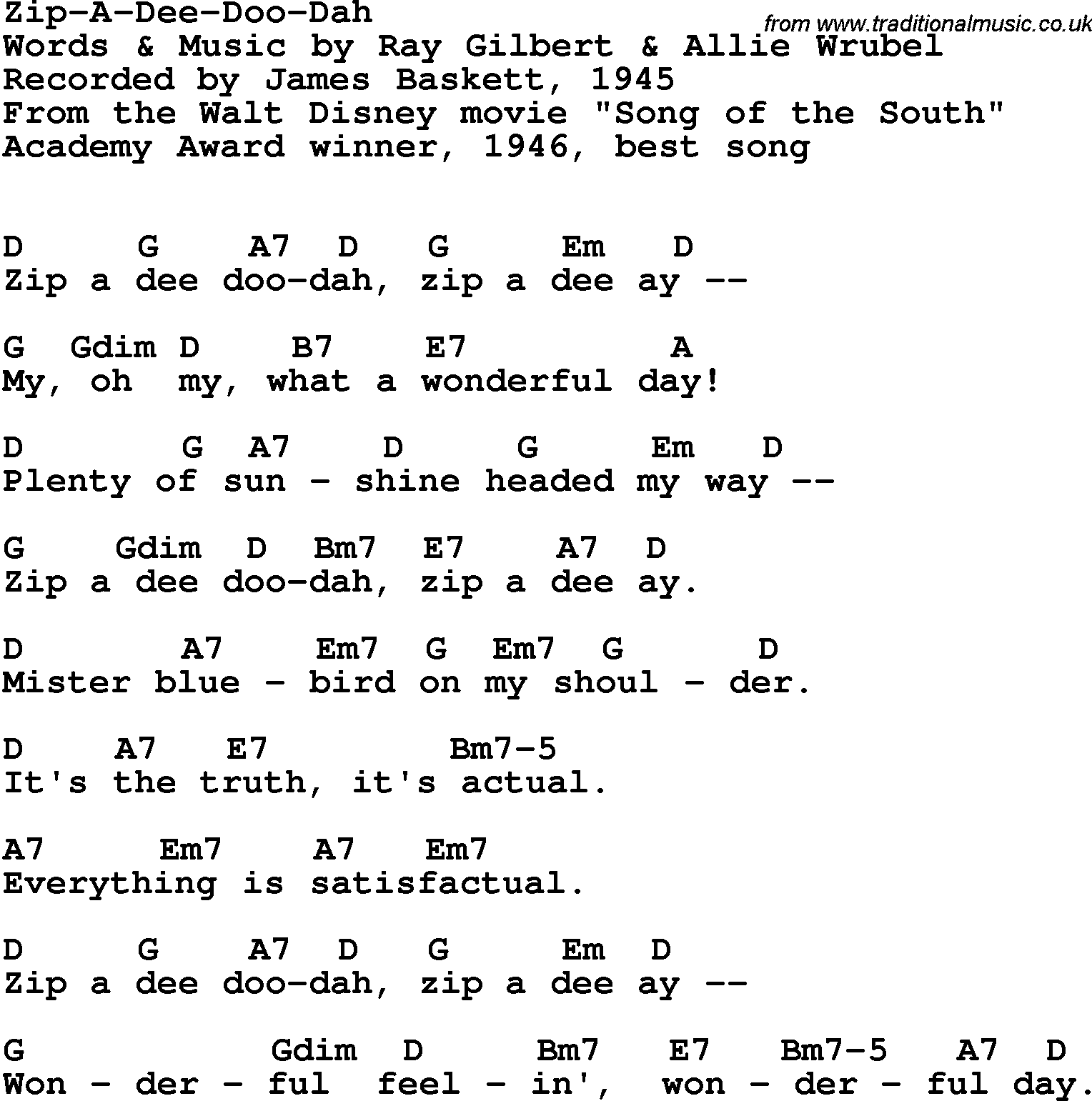 Song Lyrics with guitar chords for Zip-a-dee-doo-dah - James Baskett, 1946