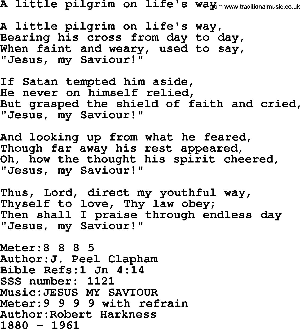 Sacred Songs and Solos complete, 1200 Hymns, title: A Little Pilgrim On Life's Way, lyrics and PDF