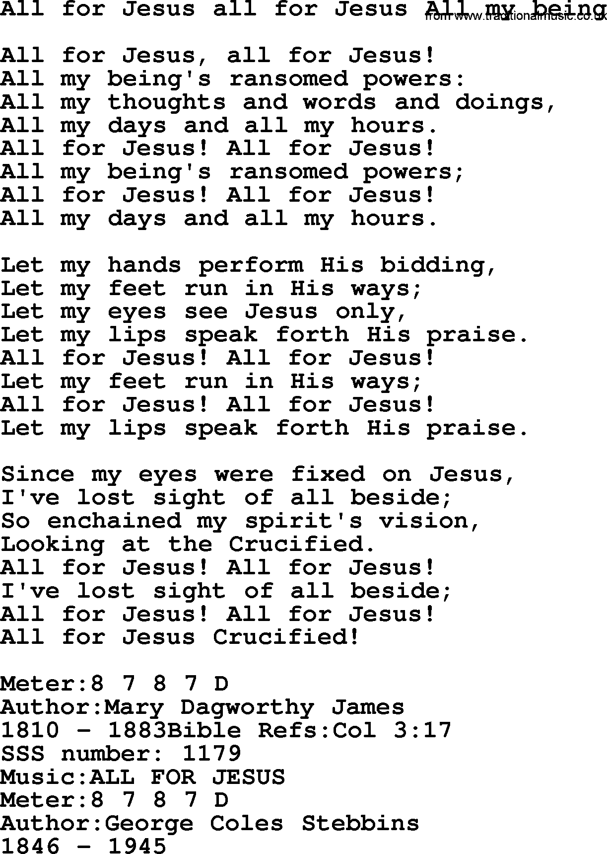 Sacred Songs and Solos complete, 1200 Hymns, title: All For Jesus All For Jesus All My Being, lyrics and PDF