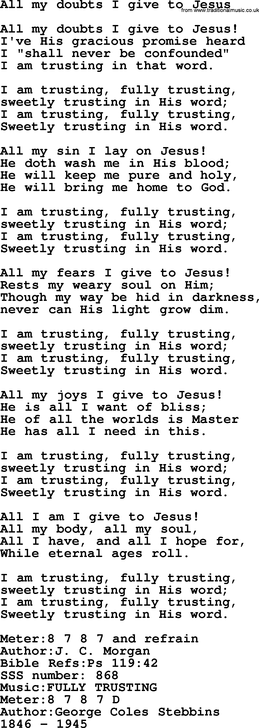 Sacred Songs and Solos complete, 1200 Hymns, title: All My Doubts I Give To Jesus, lyrics and PDF