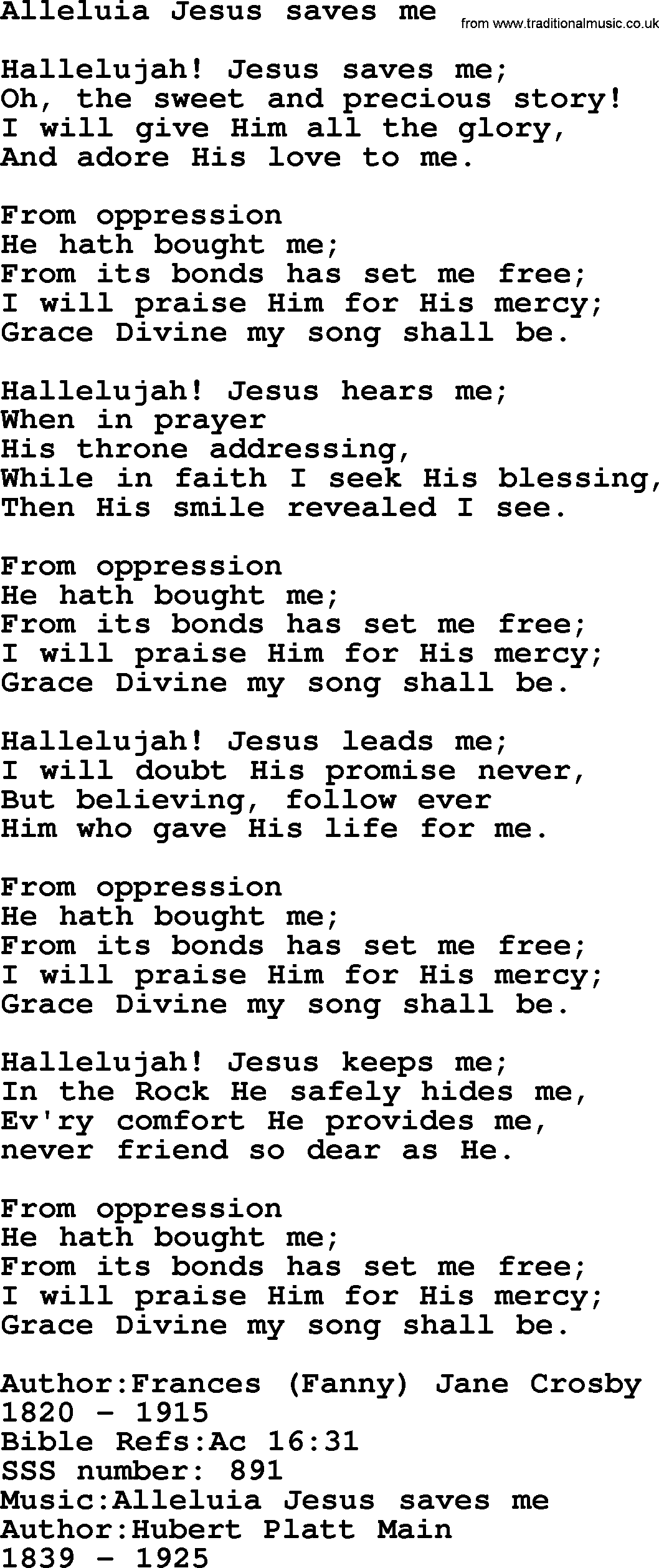 Sacred Songs and Solos complete, 1200 Hymns, title: Alleluia Jesus Saves Me, lyrics and PDF
