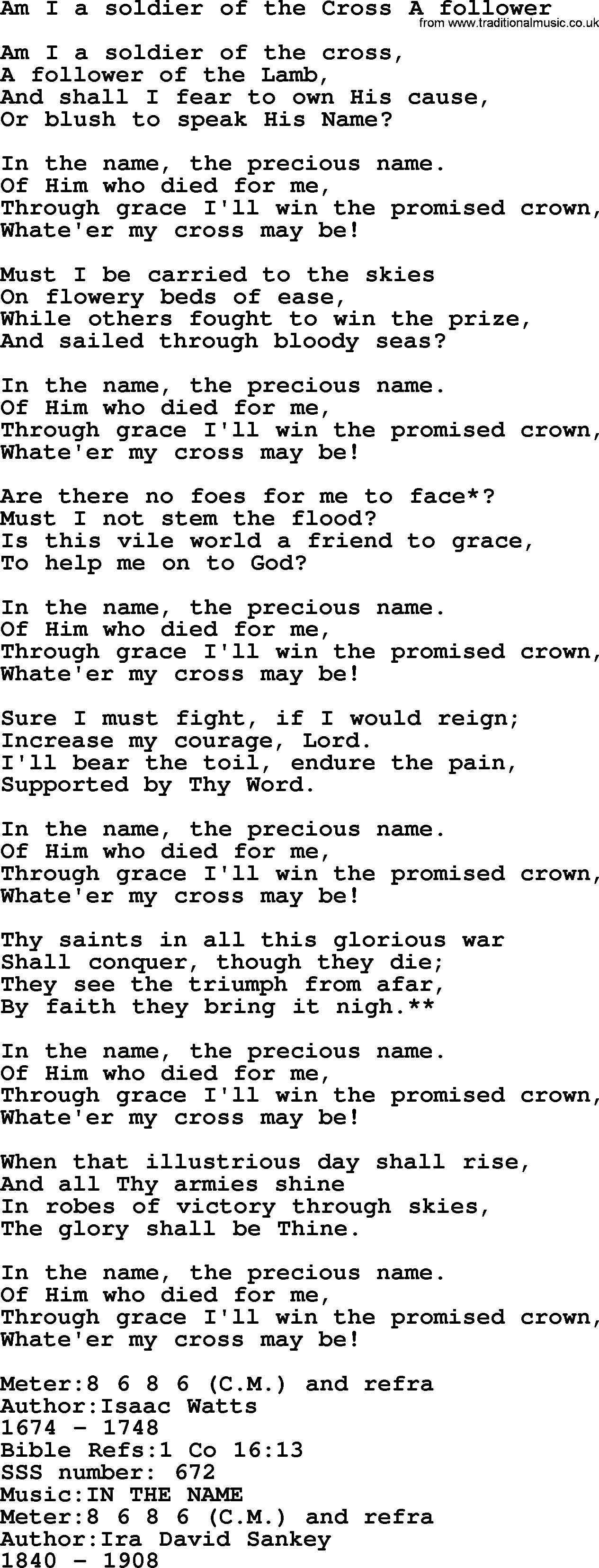 Sacred Songs and Solos complete, 1200 Hymns, title: Am I A Soldier Of The Cross A Follower, lyrics and PDF