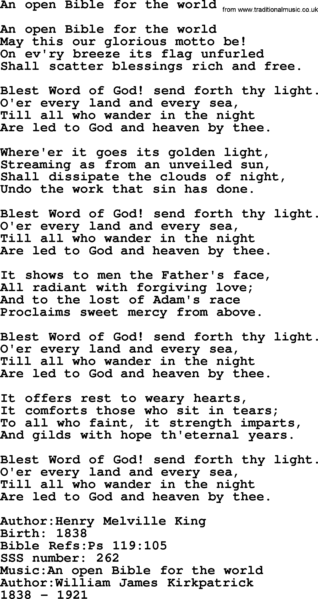 Sacred Songs and Solos complete, 1200 Hymns, title: An Open Bible For The World, lyrics and PDF