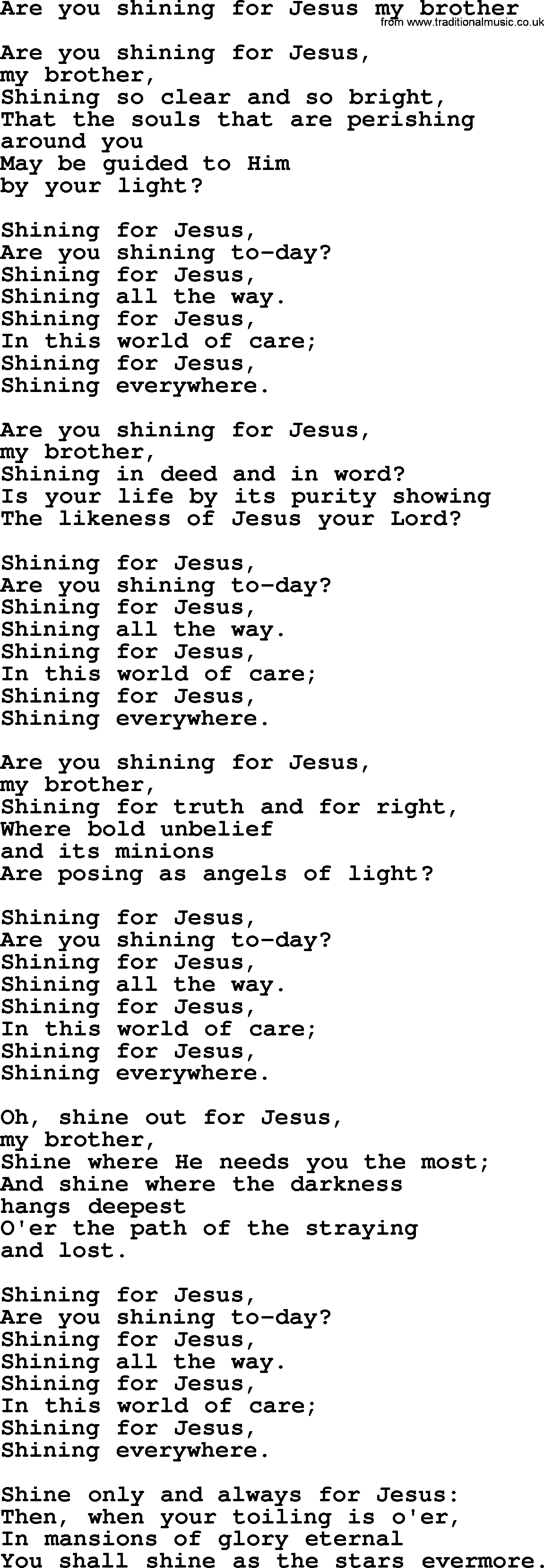 Sacred Songs and Solos complete, 1200 Hymns, title: Are You Shining For Jesus My Brother, lyrics and PDF