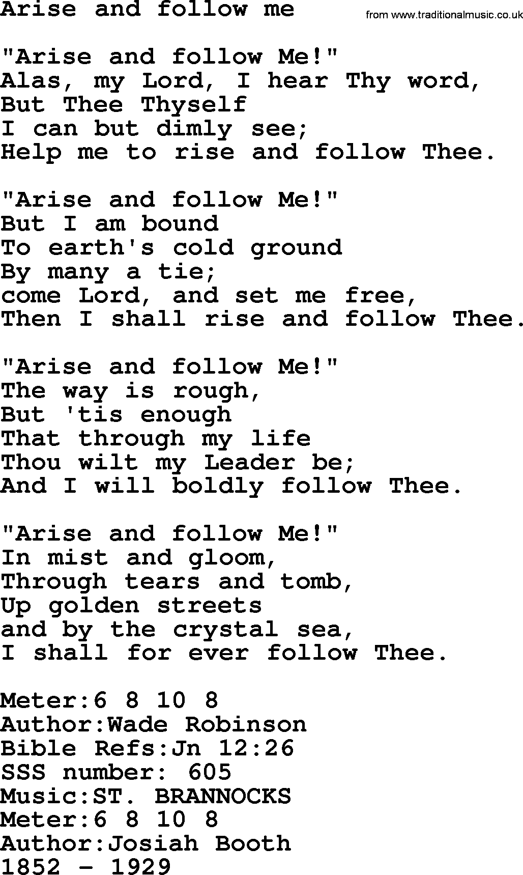 Sacred Songs and Solos complete, 1200 Hymns, title: Arise And Follow Me, lyrics and PDF