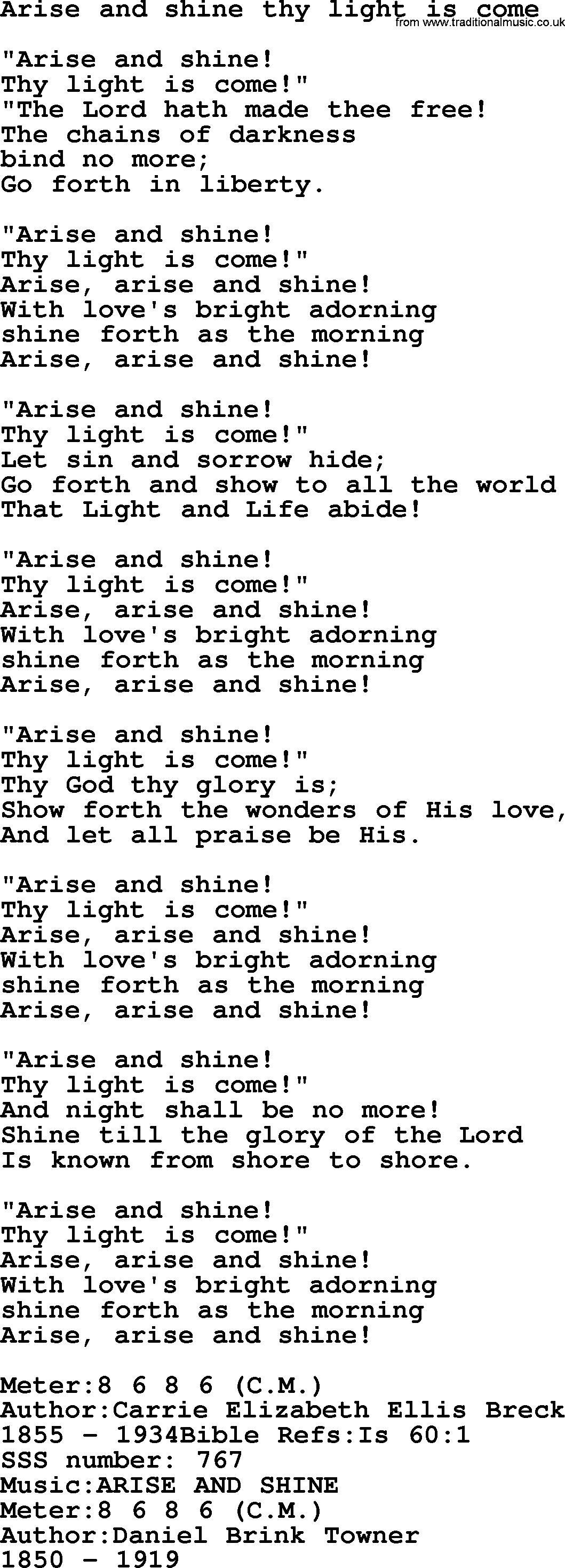 Sacred Songs and Solos complete, 1200 Hymns, title: Arise And Shine Thy Light Is Come, lyrics and PDF